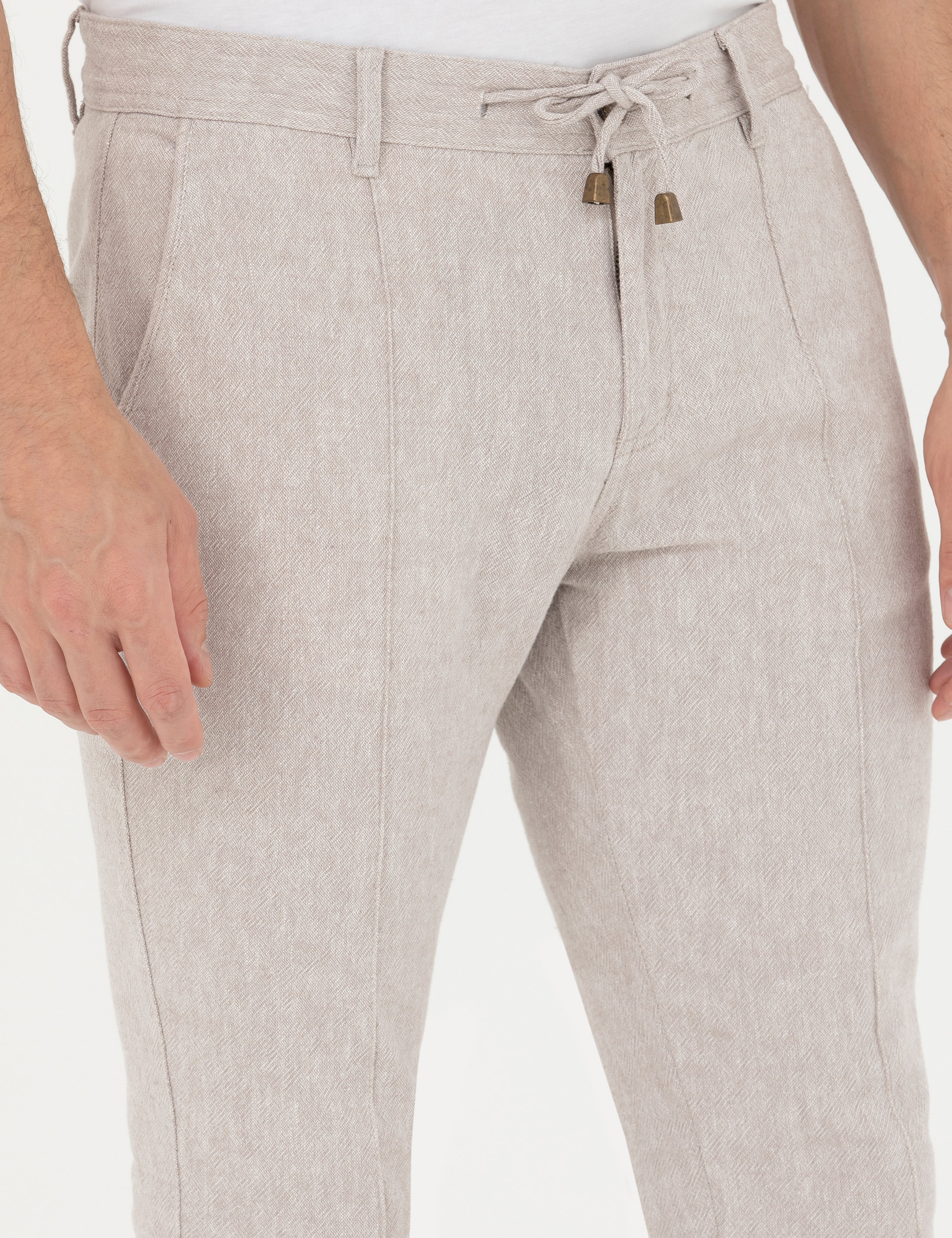 Koyu Bej Slim Fit Keten Karışımlı Kanvas Pantolon - Image 5