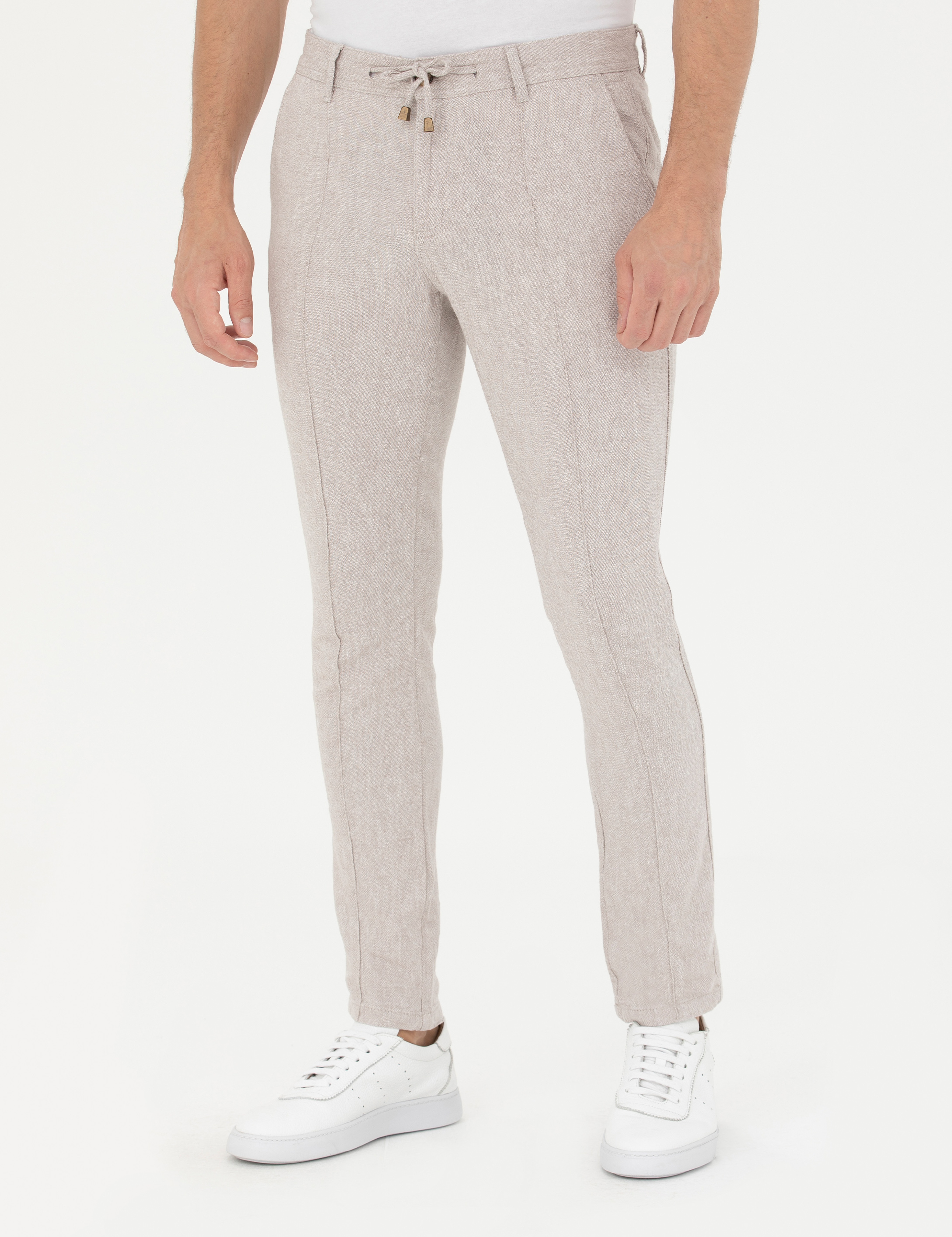Koyu Bej Slim Fit Keten Karışımlı Kanvas Pantolon - Image 2