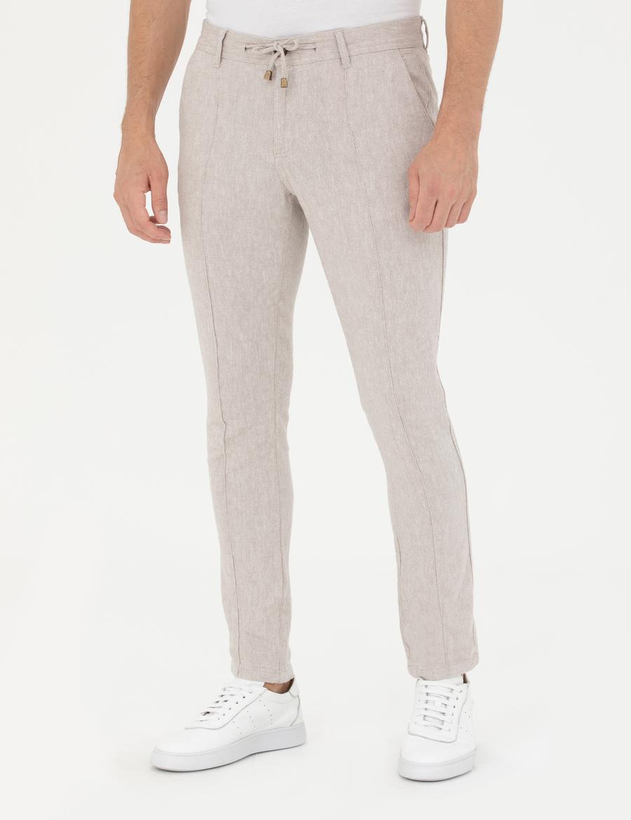 Koyu Bej Slim Fit Keten Karışımlı Kanvas Pantolon