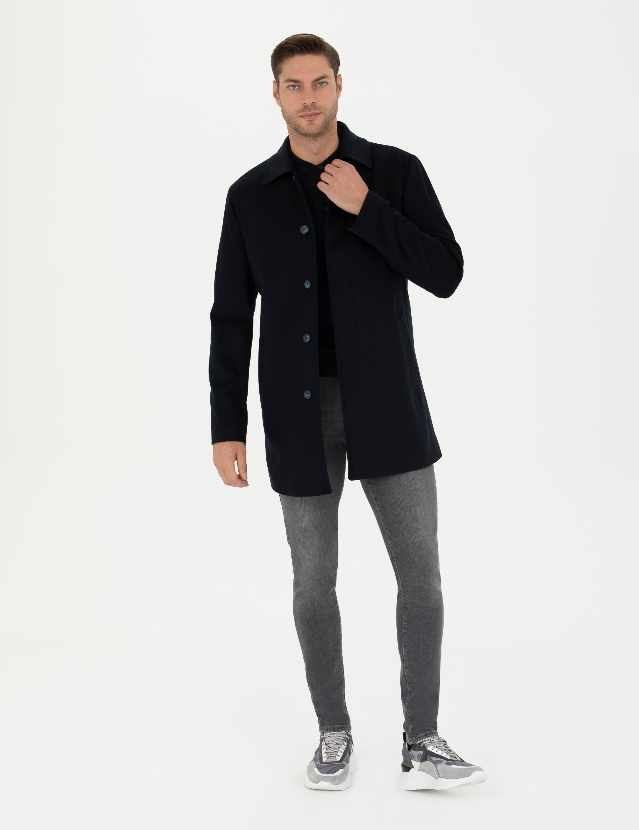 Pierre Cardin Lacivert Yün Karışımlı Slim Fit Kaşe Kaban görsel 4