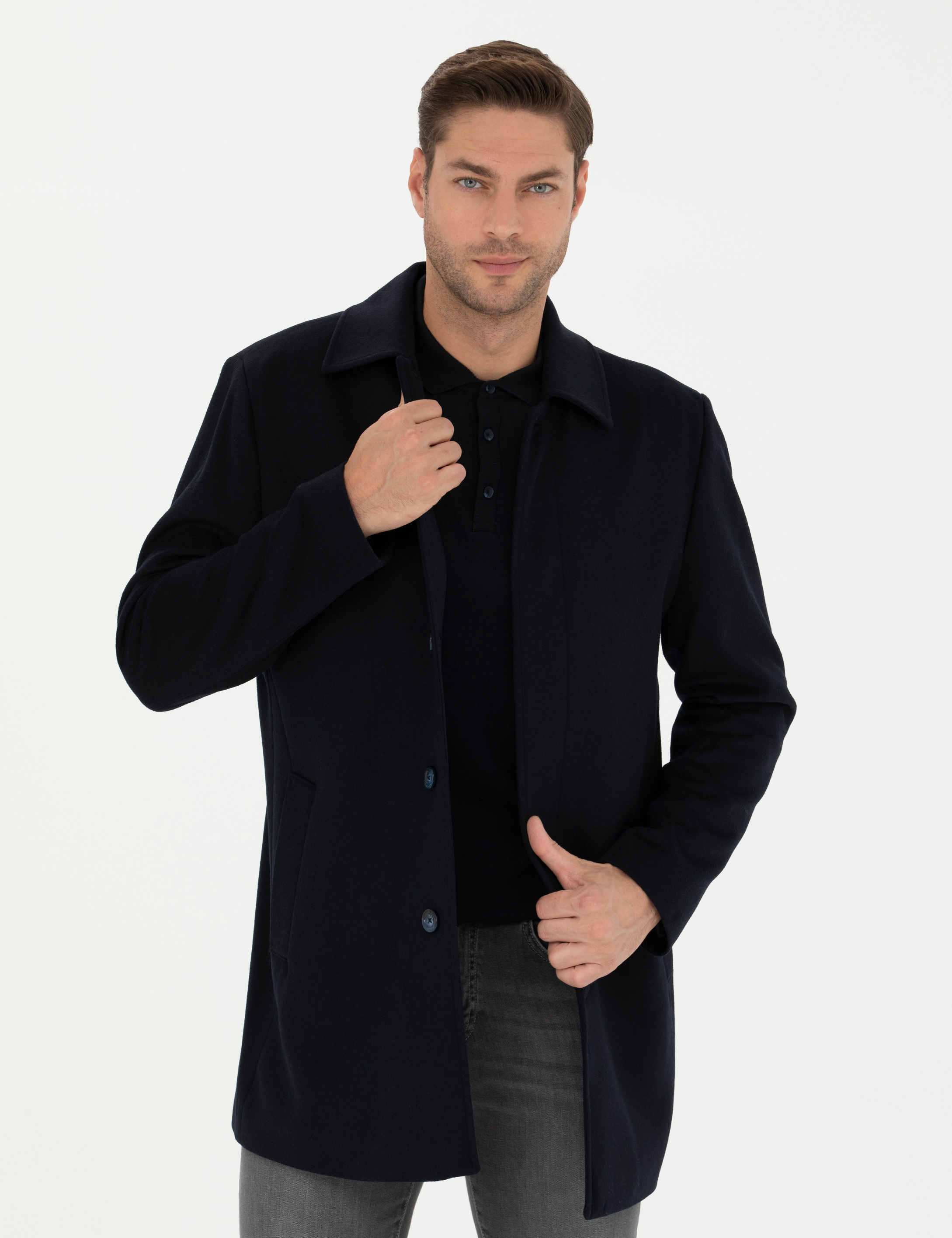Pierre Cardin Lacivert Yün Karışımlı Slim Fit Kaşe Kaban görsel 3