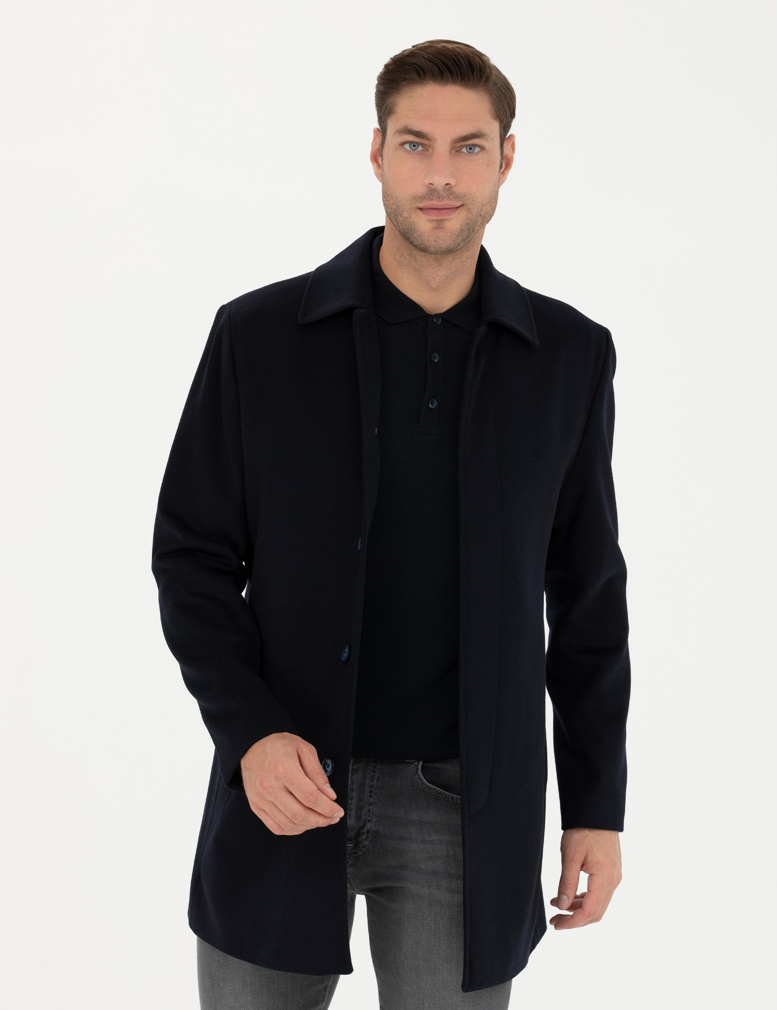 Lacivert Yün Karışımlı Slim Fit Kaşe Kaban