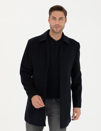 Lacivert Yün Karışımlı Slim Fit Kaşe Kaban