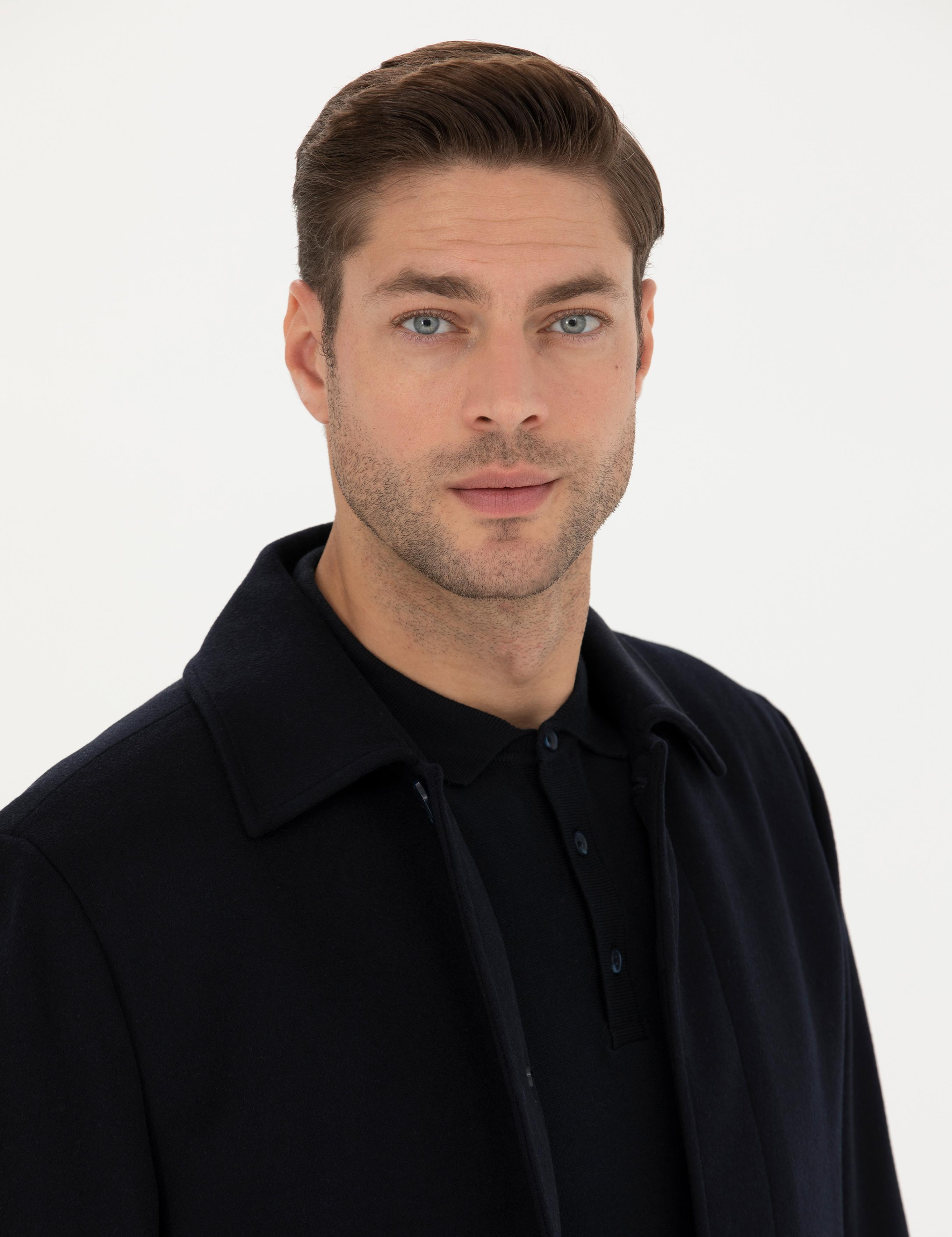 Lacivert Yün Karışımlı Slim Fit Kaşe Kaban