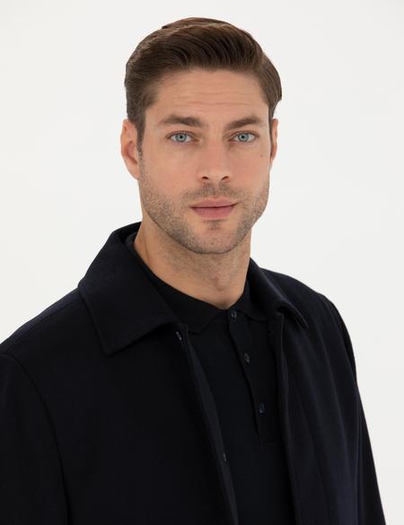 Lacivert Yün Karışımlı Slim Fit Kaşe Kaban - 50270888011