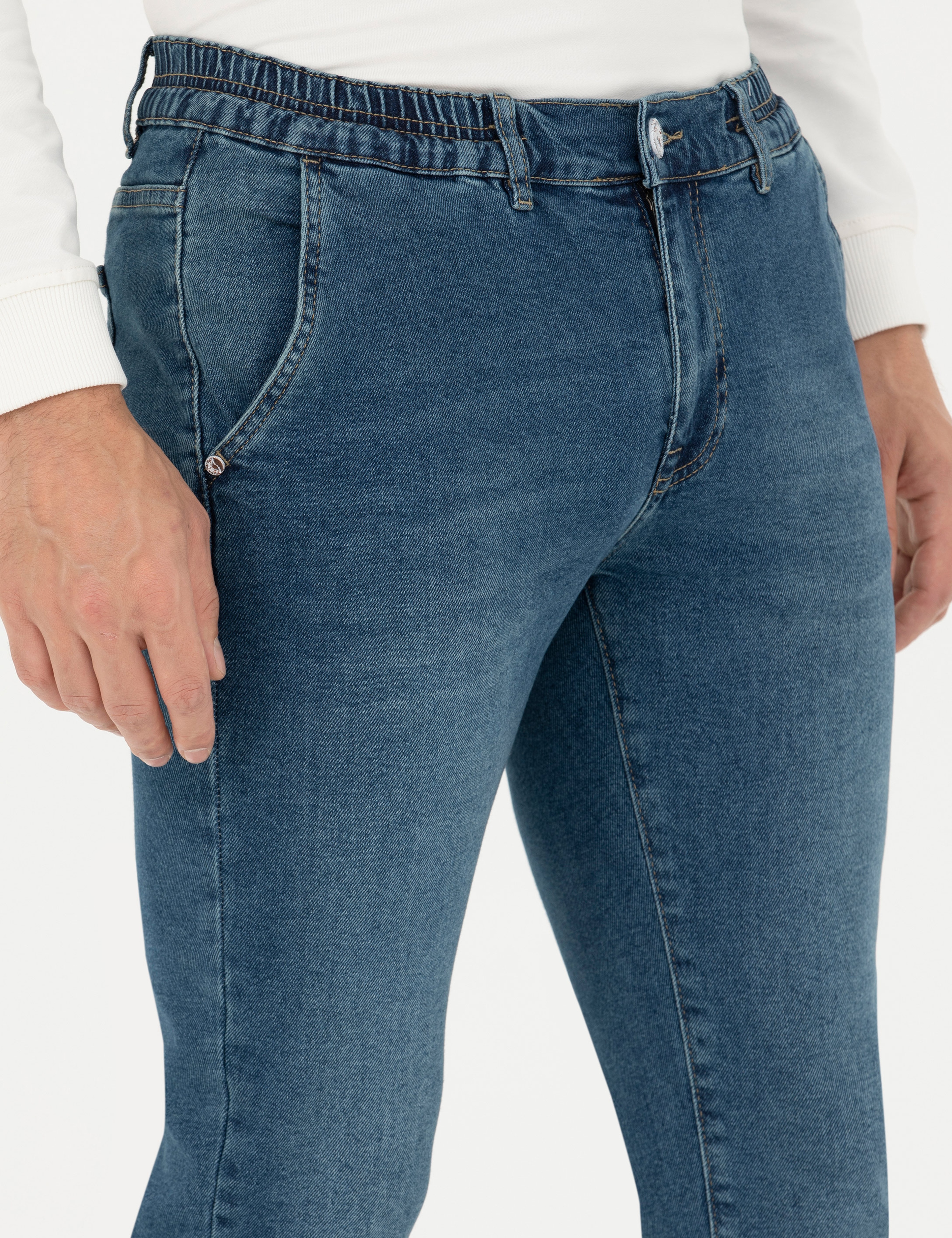 Mavi Slim Fit Beli Lastikli Jean Pantolon