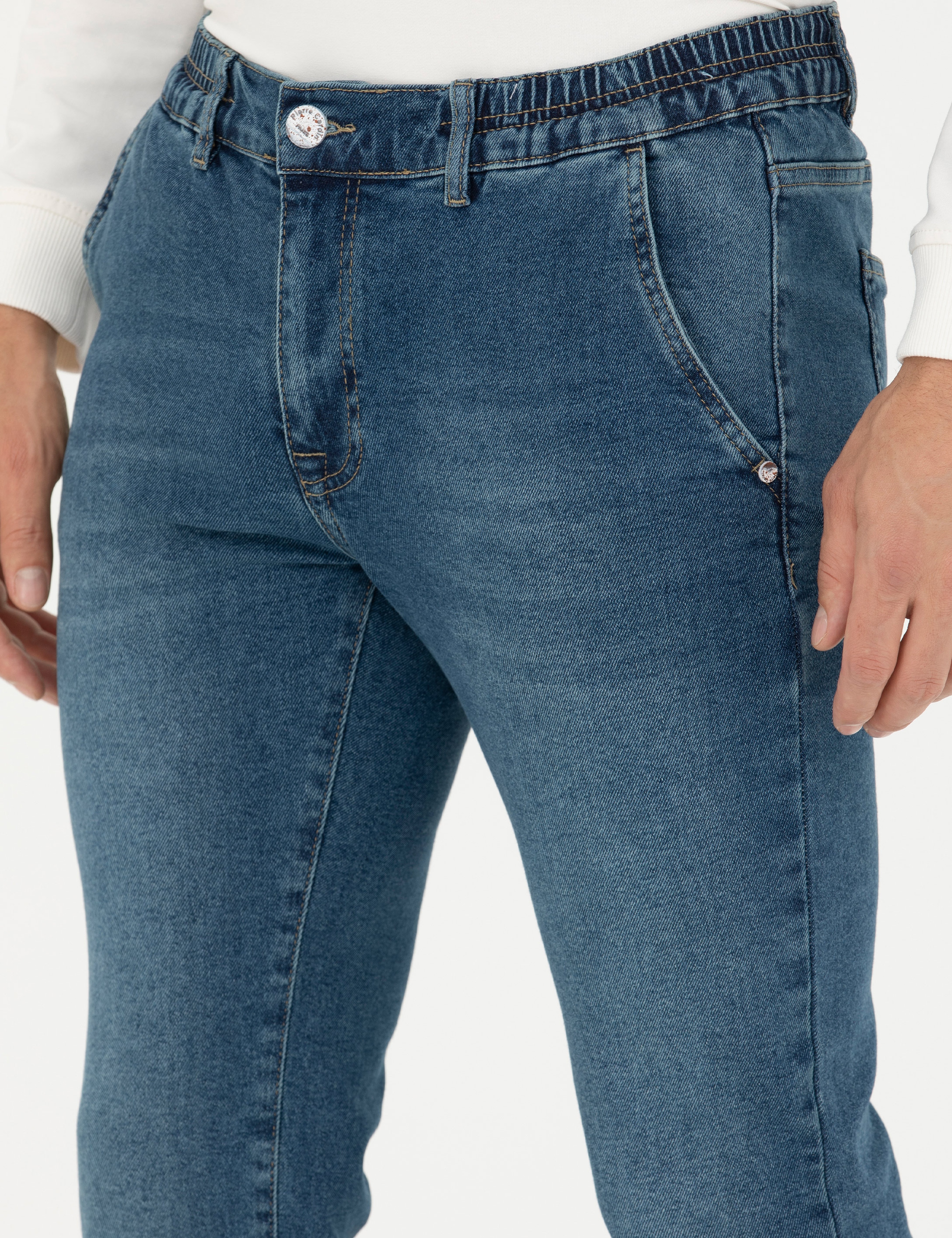 Mavi Slim Fit Beli Lastikli Jean Pantolon