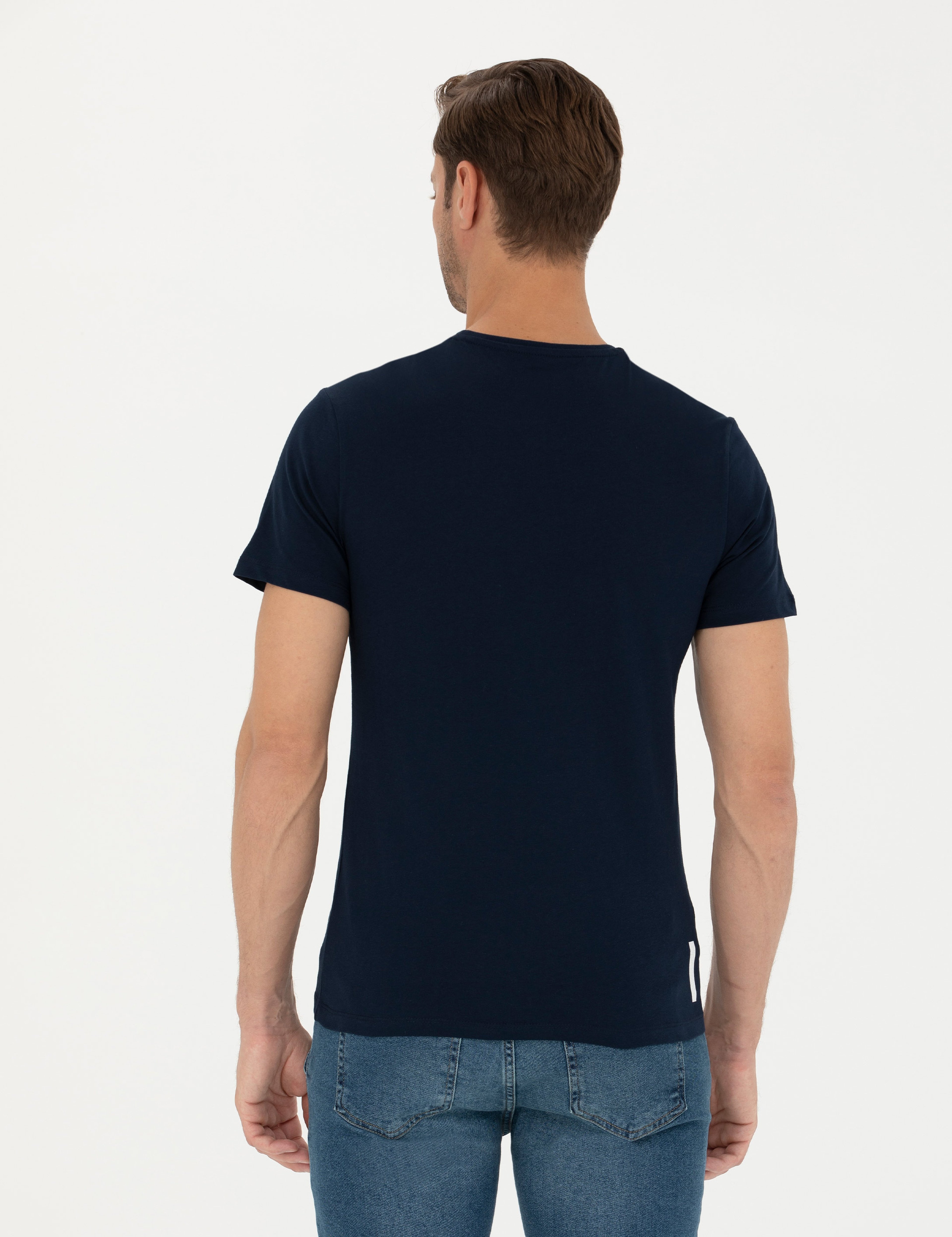 Lacivert Slim Fit %100 Pamuk Bisiklet Yaka Tişört - Image 5
