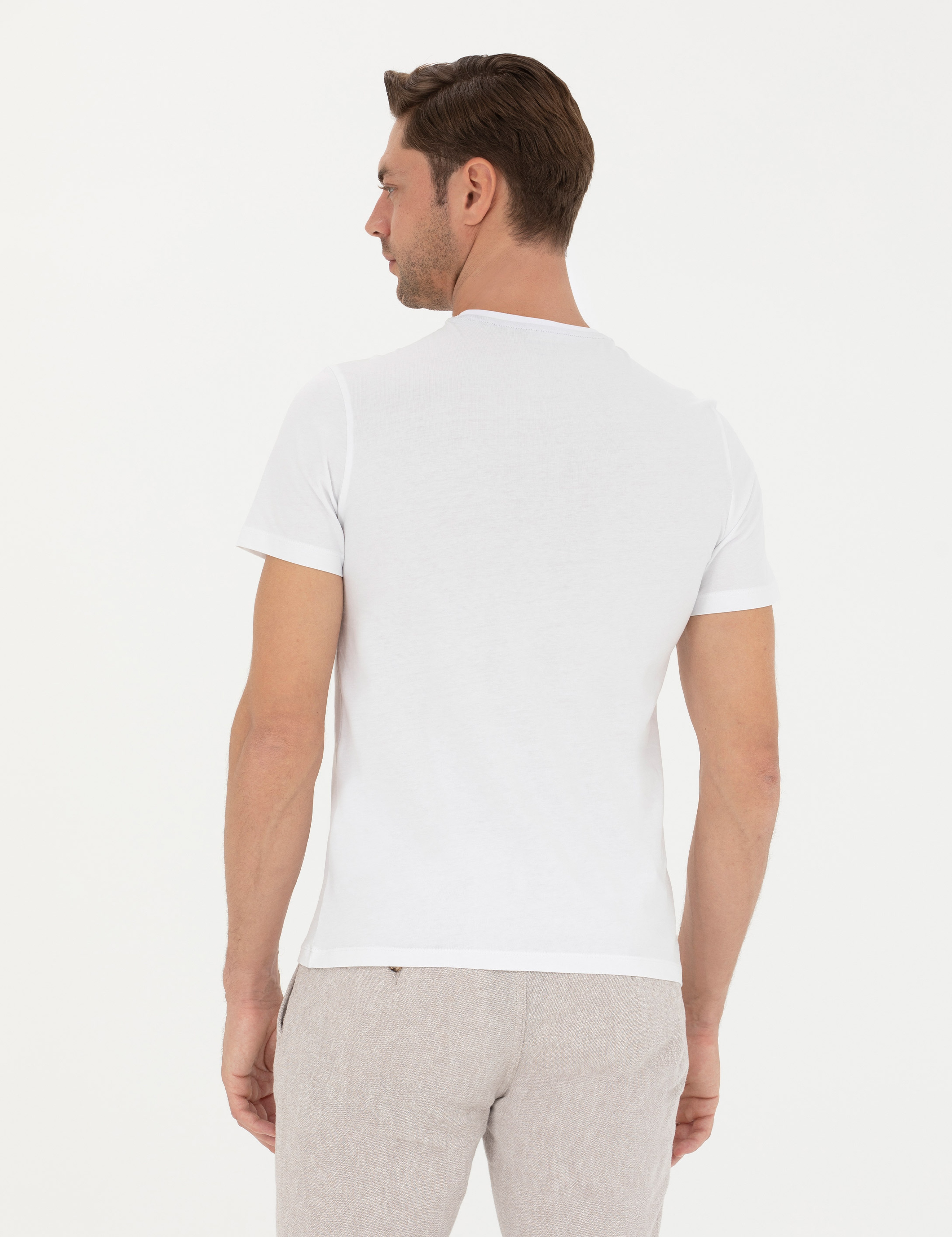 Beyaz Slim Fit %100 Pamuk Bisiklet Yaka Tişört - Image 5