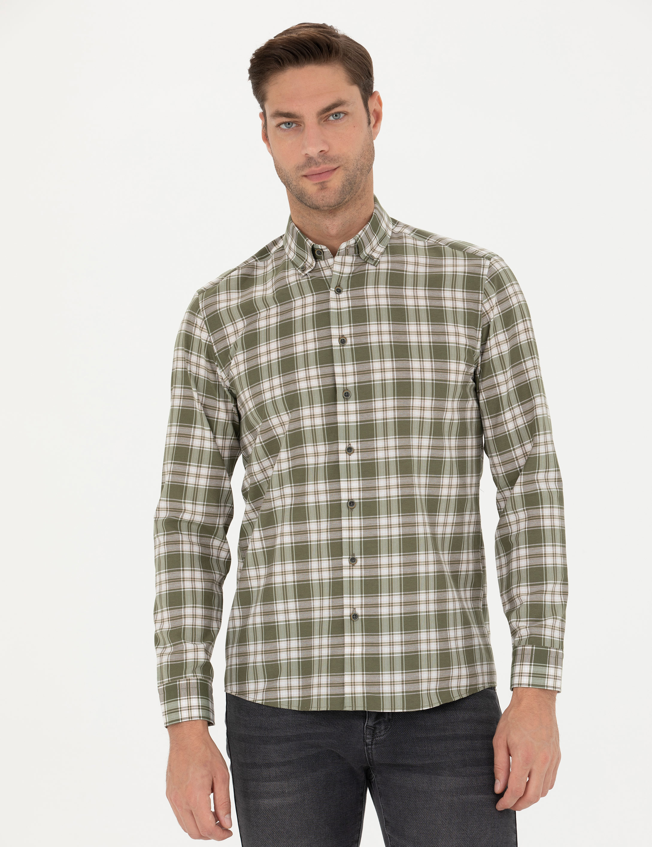 Haki Slim Fit Uzun Kollu Gömlek - Image 3