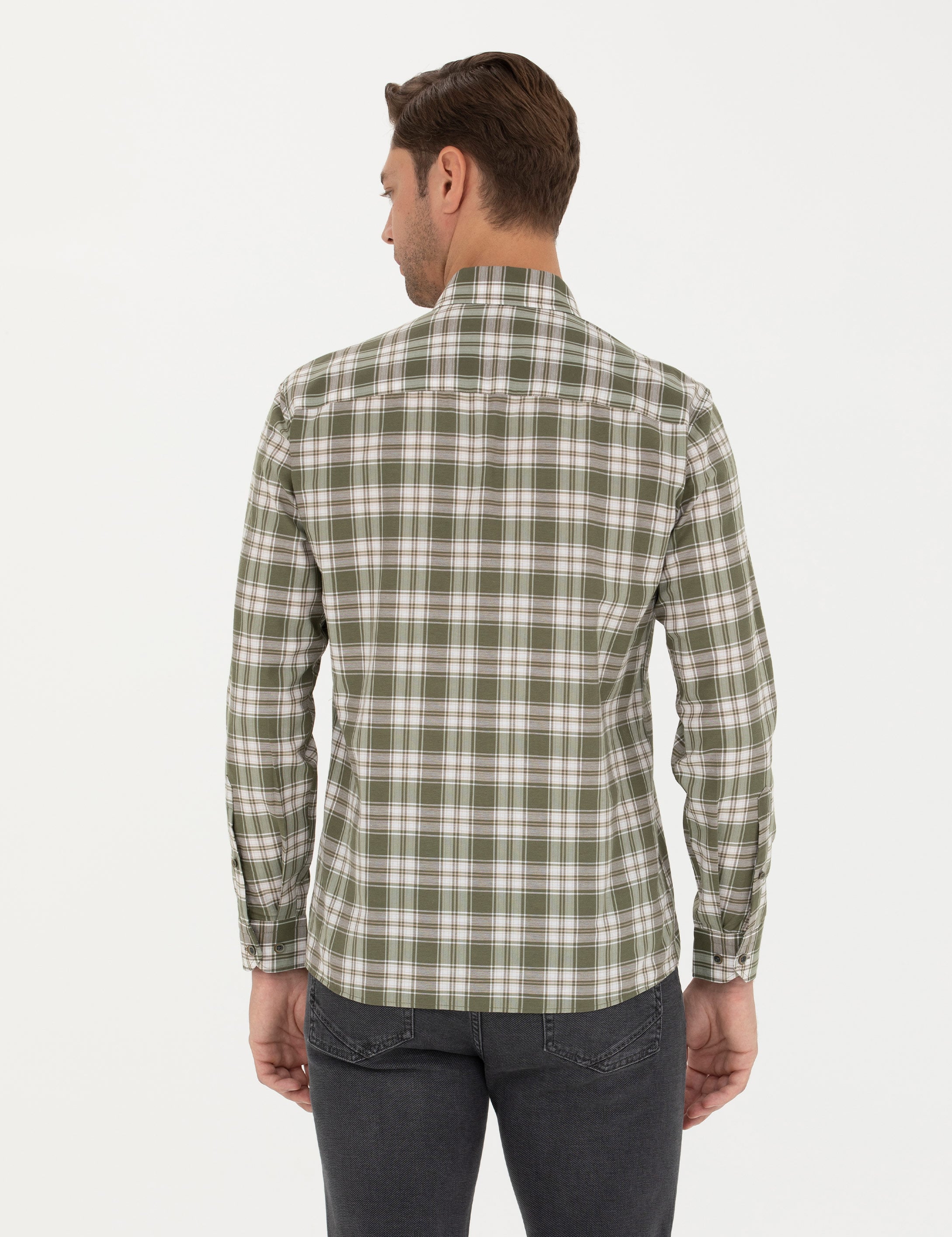 Haki Slim Fit Uzun Kollu Gömlek - Image 5