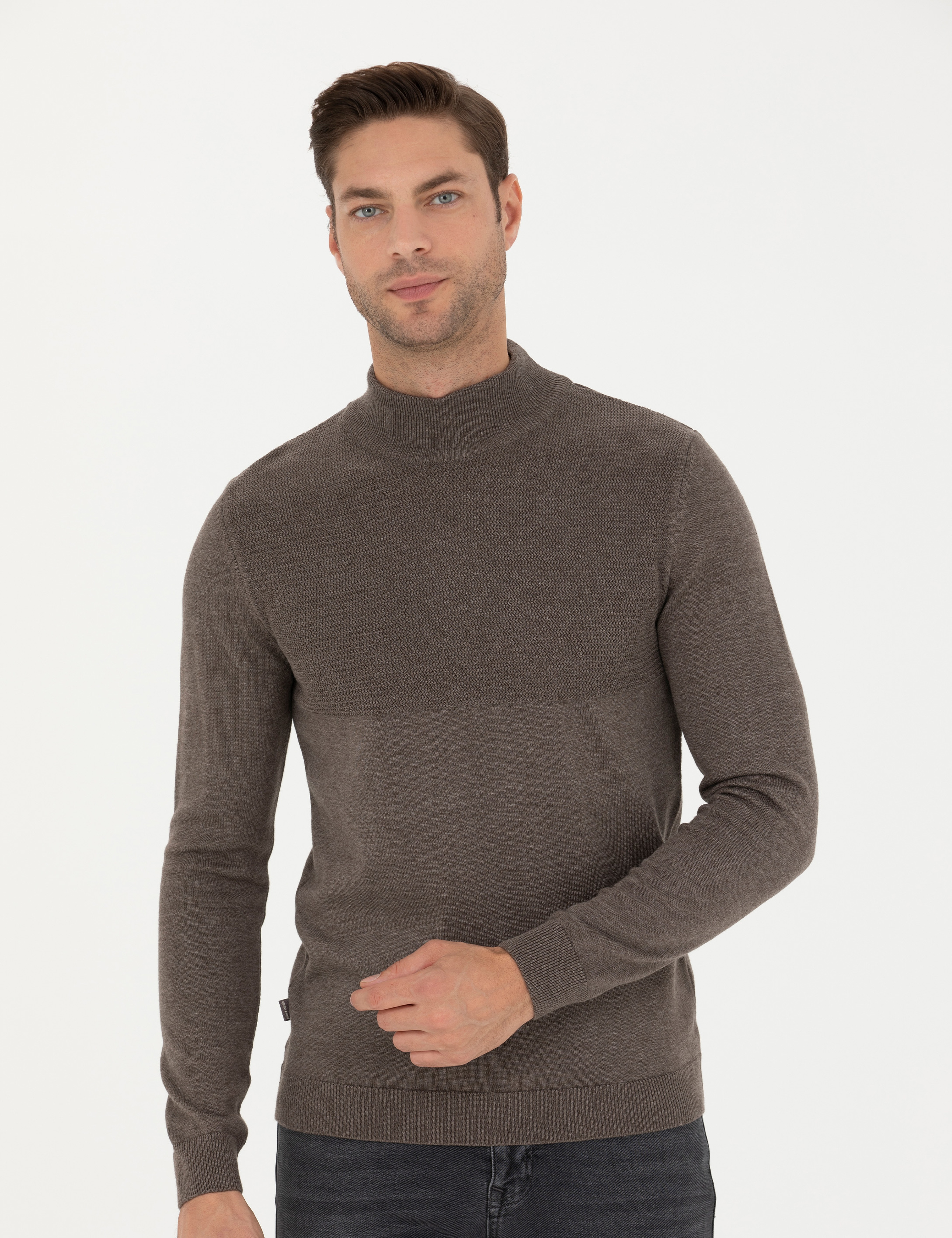 Vizon Melanj Slim Fit Yarım Balıkçı Yaka Triko Kazak
