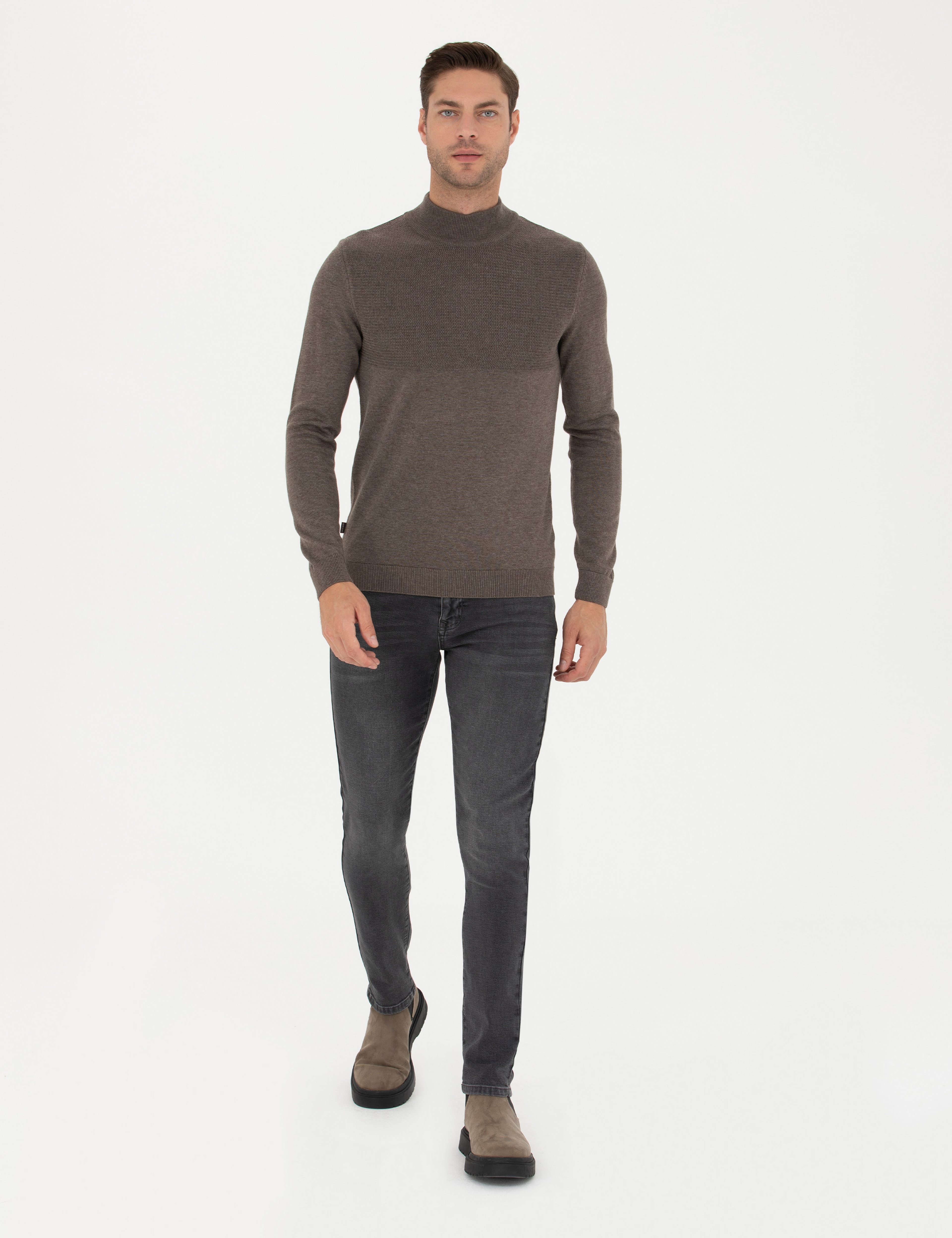 Vizon Melanj Slim Fit Yarım Balıkçı Yaka Triko Kazak