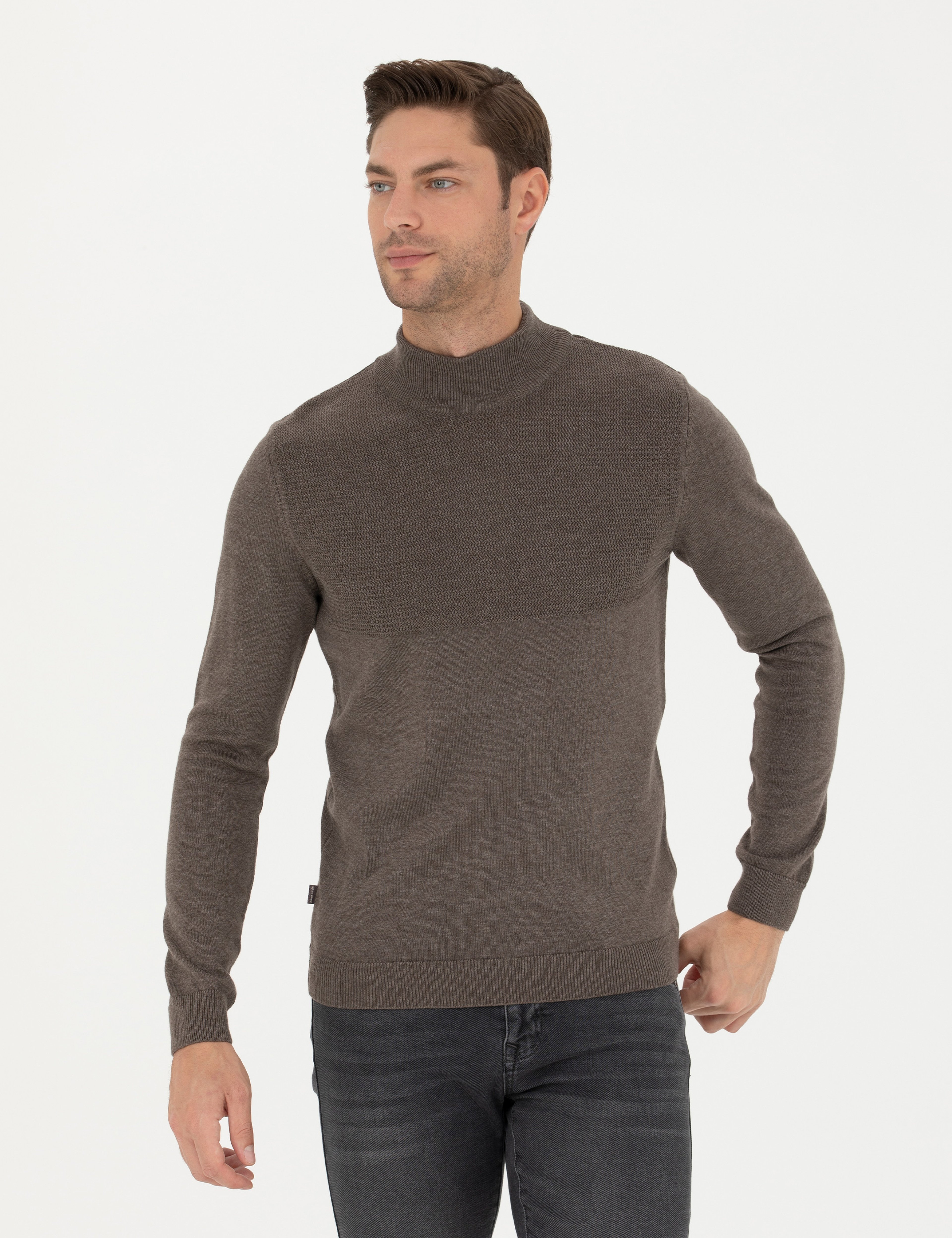 Vizon Melanj Slim Fit Yarım Balıkçı Yaka Triko Kazak - Image 1