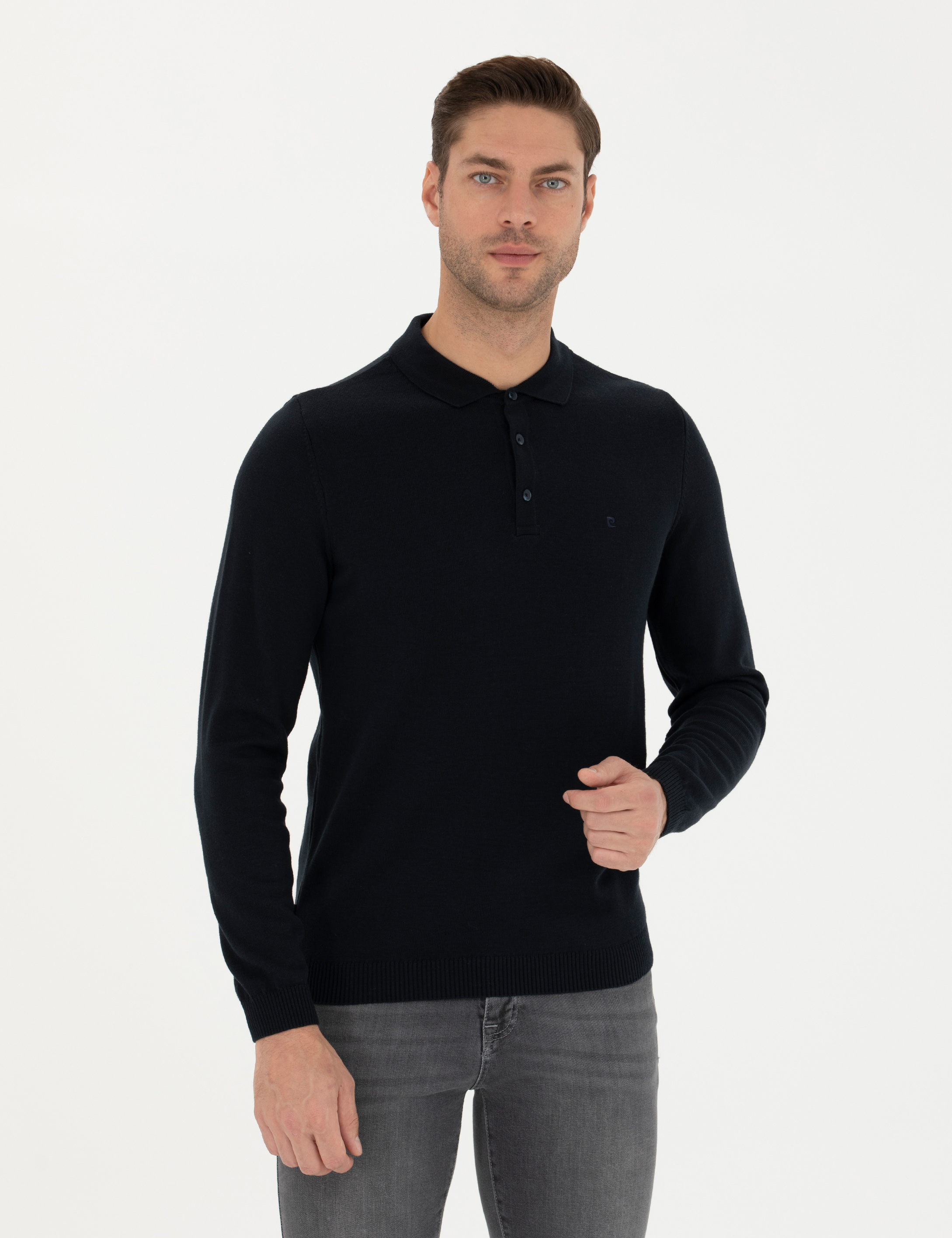 Lacivert Slim Fit Polo Yaka Basic Triko Kazak
