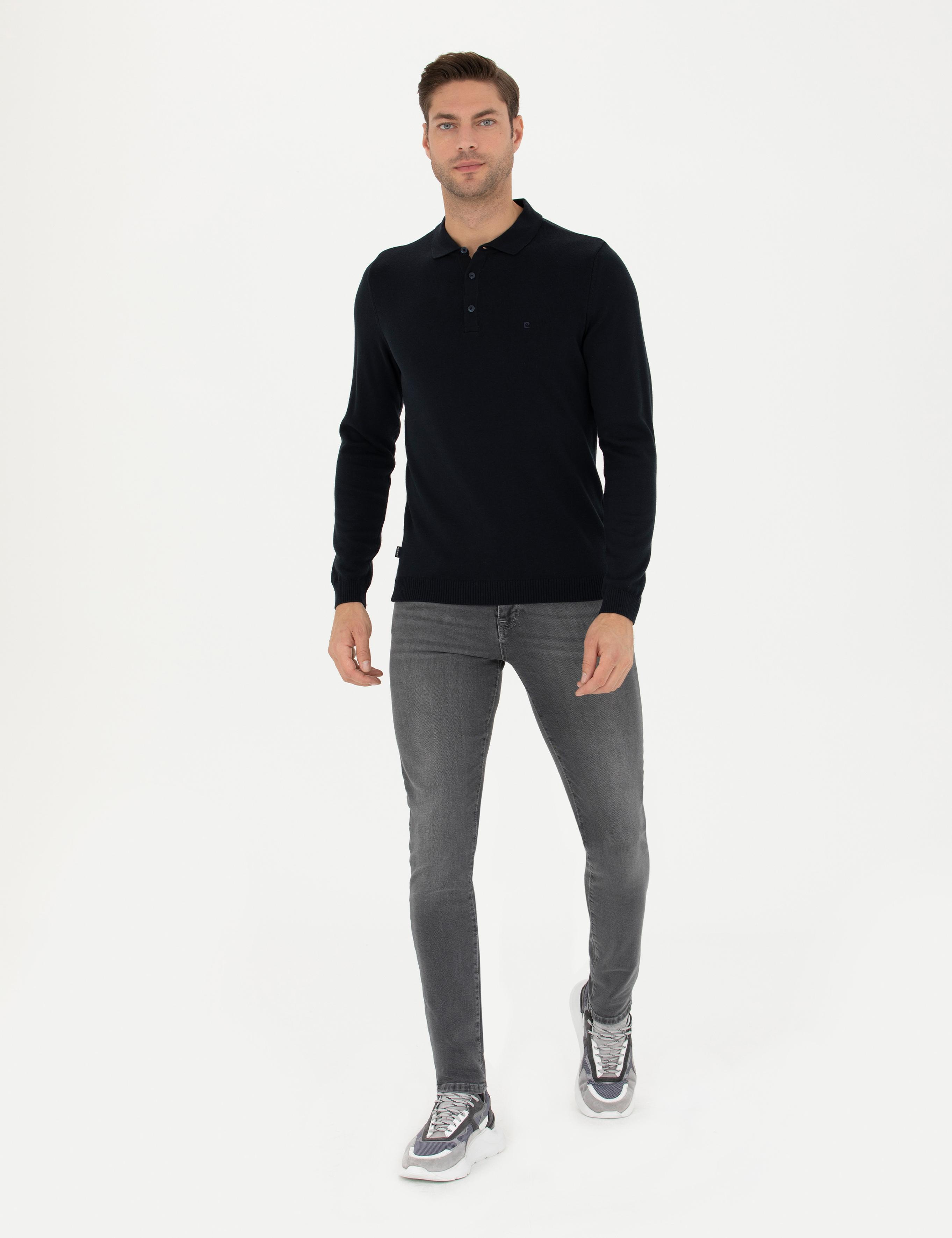 Lacivert Slim Fit Polo Yaka Basic Triko Kazak