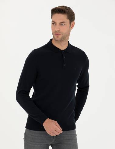 Lacivert Slim Fit Polo Yaka Basic Triko Kazak
