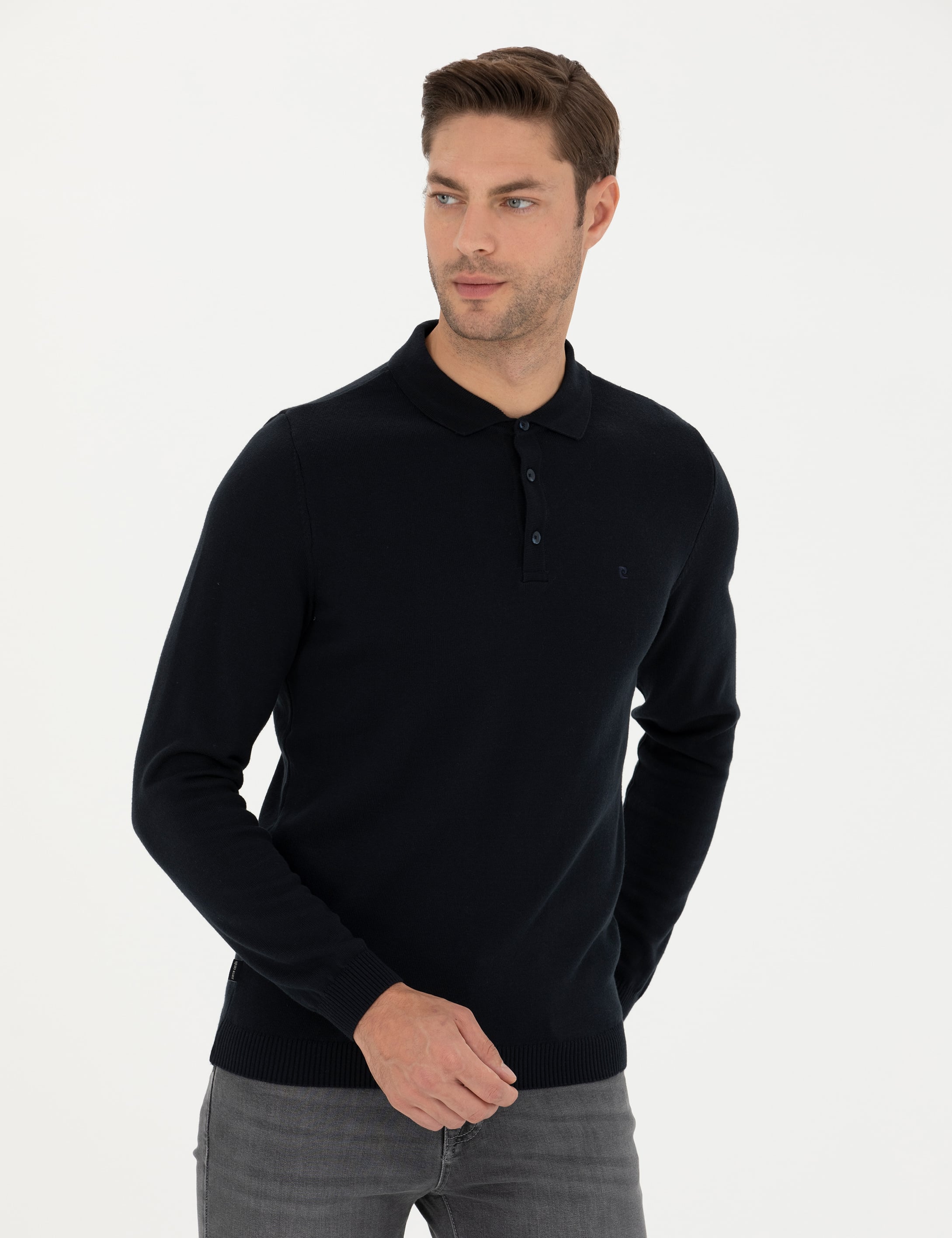 Lacivert Slim Fit Polo Yaka Basic Triko Kazak