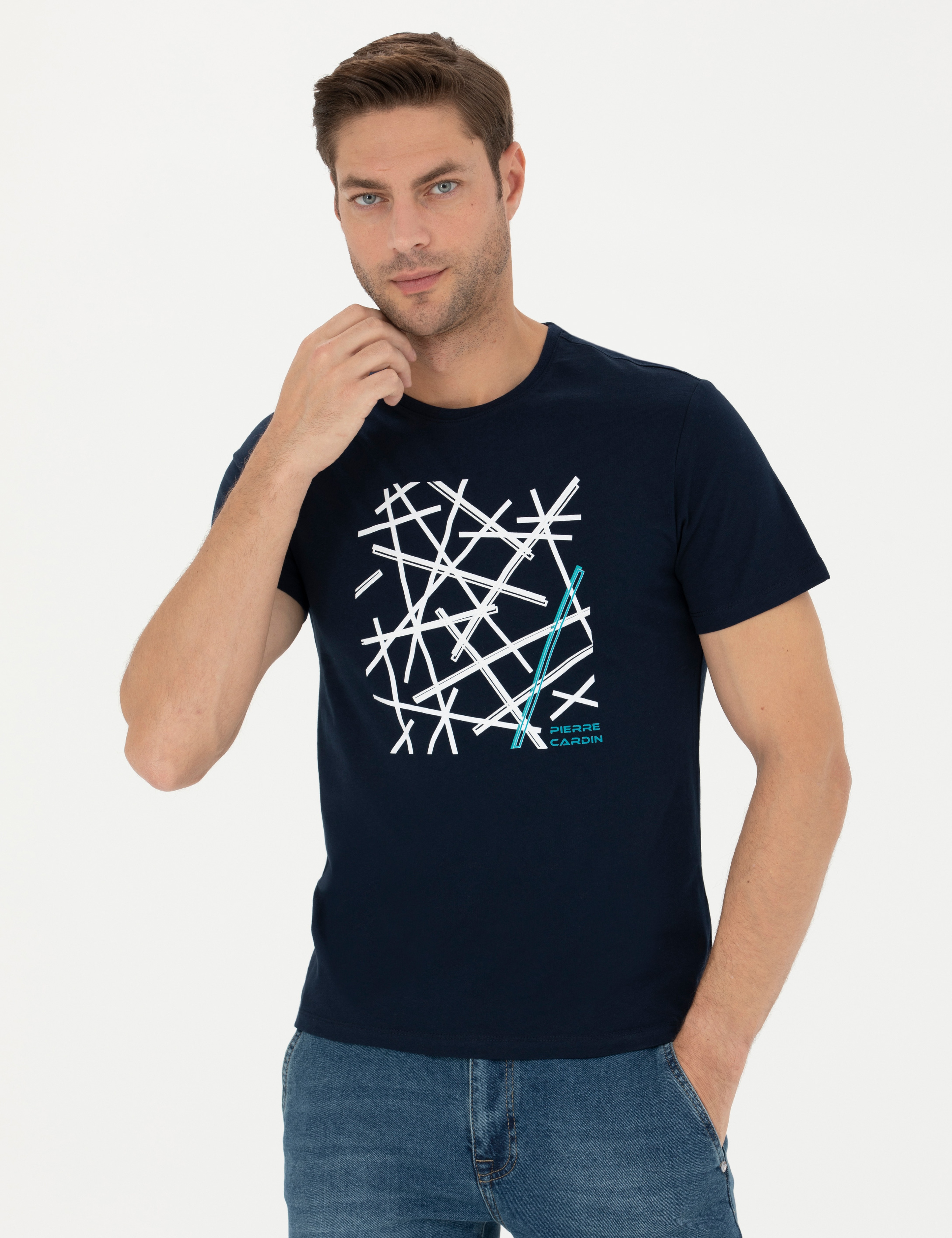 Lacivert Slim Fit %100 Pamuk Bisiklet Yaka Tişört - Image 3