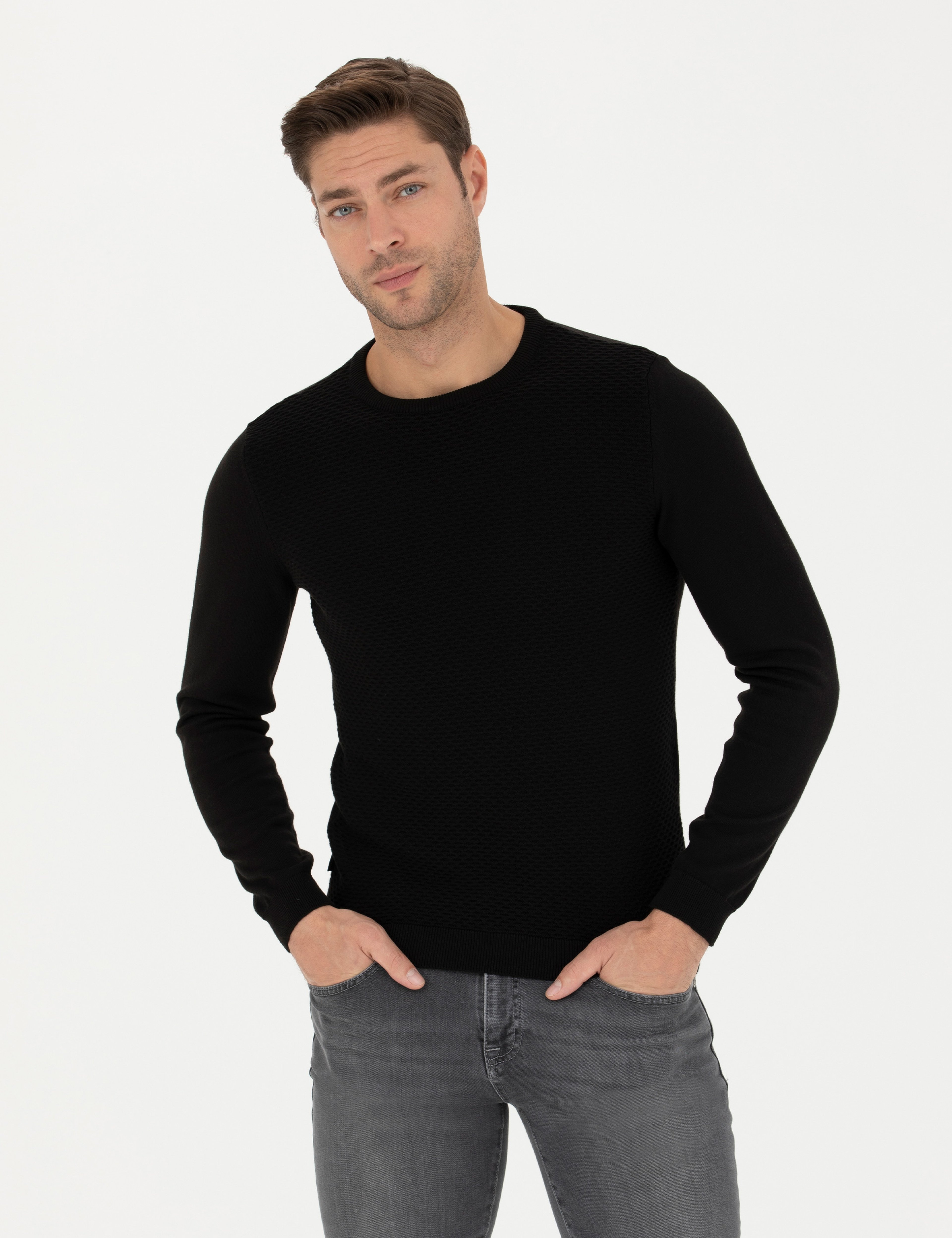 Siyah Slim Fit Bisiklet Yaka Triko Kazak - Image 1