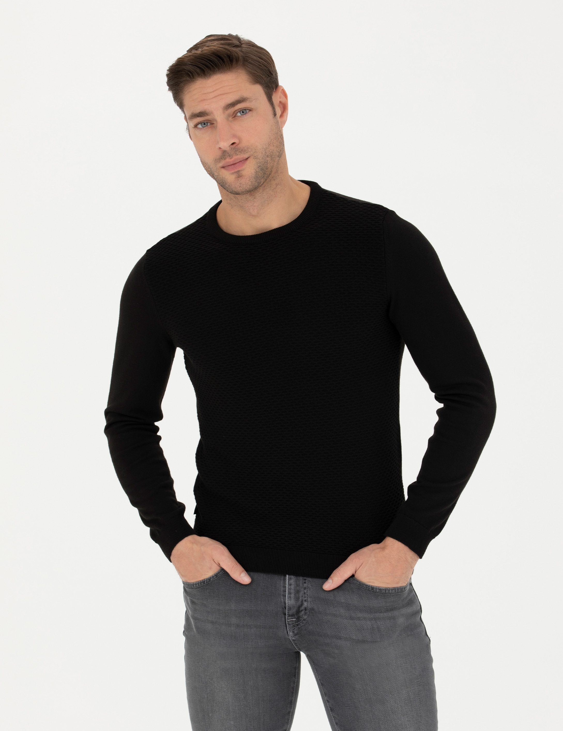 Siyah Slim Fit Bisiklet Yaka Triko Kazak
