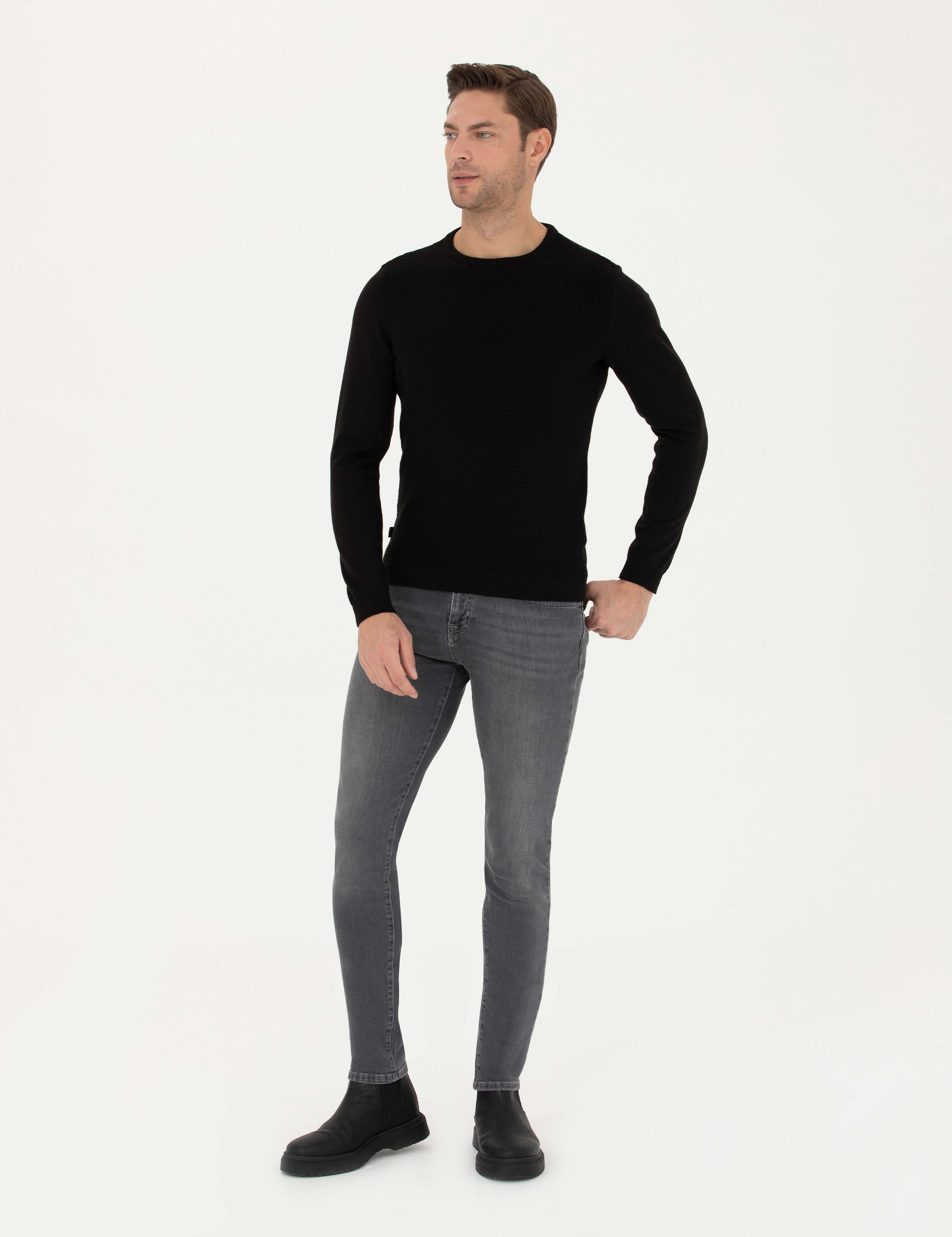 Siyah Slim Fit Bisiklet Yaka Triko Kazak - Image 4
