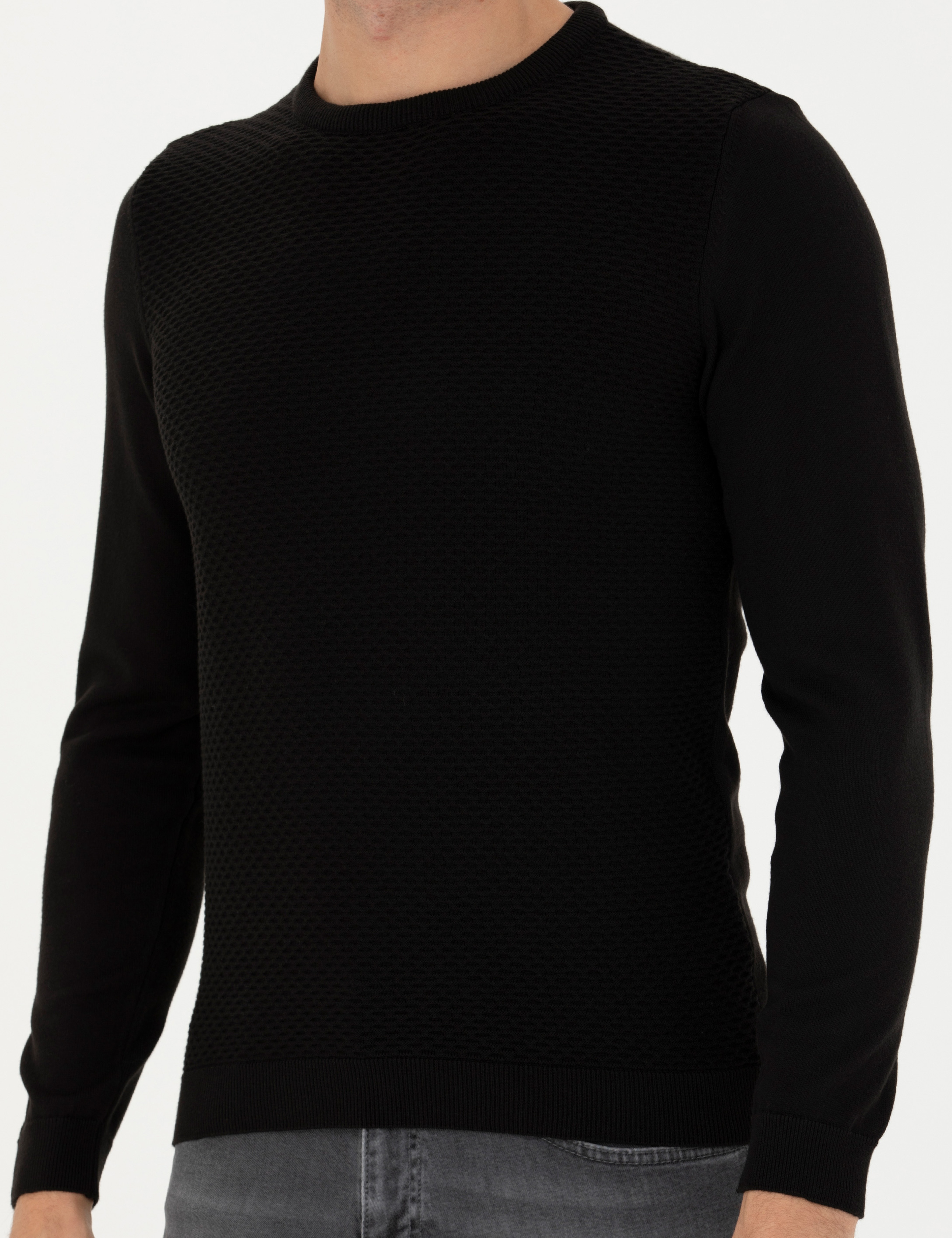 Siyah Slim Fit Bisiklet Yaka Triko Kazak