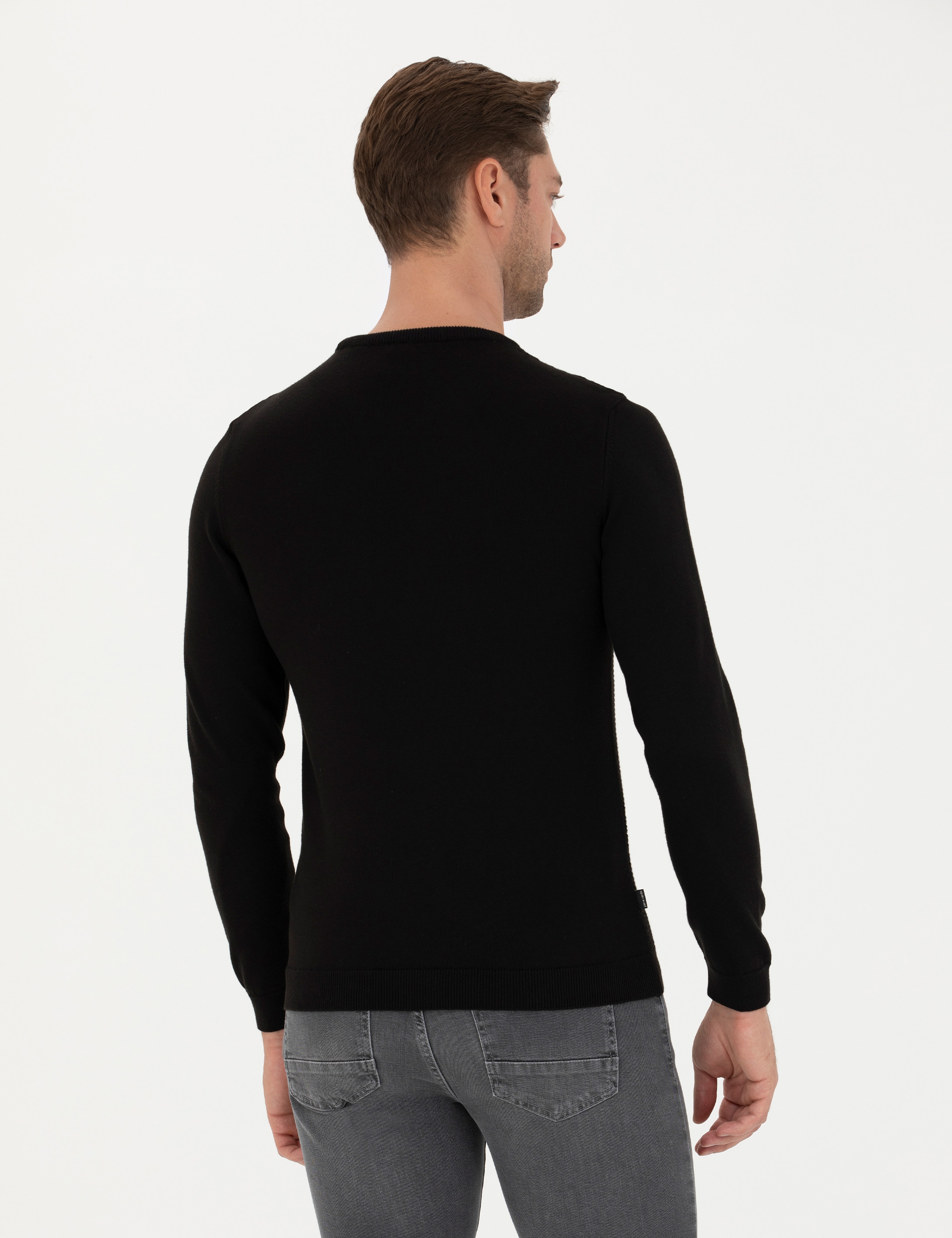 Siyah Slim Fit Bisiklet Yaka Triko Kazak - Image 5