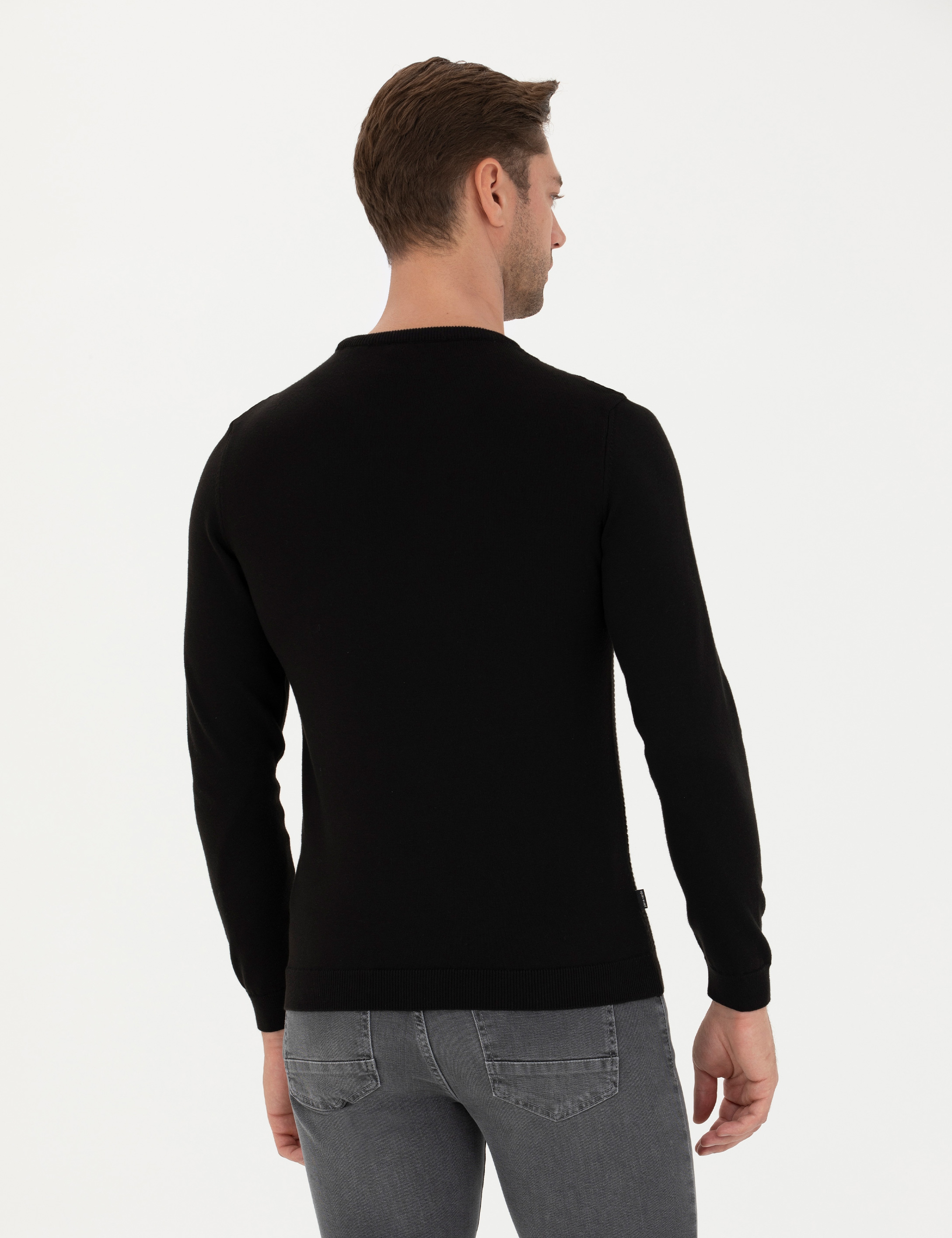 Siyah Slim Fit Bisiklet Yaka Triko Kazak