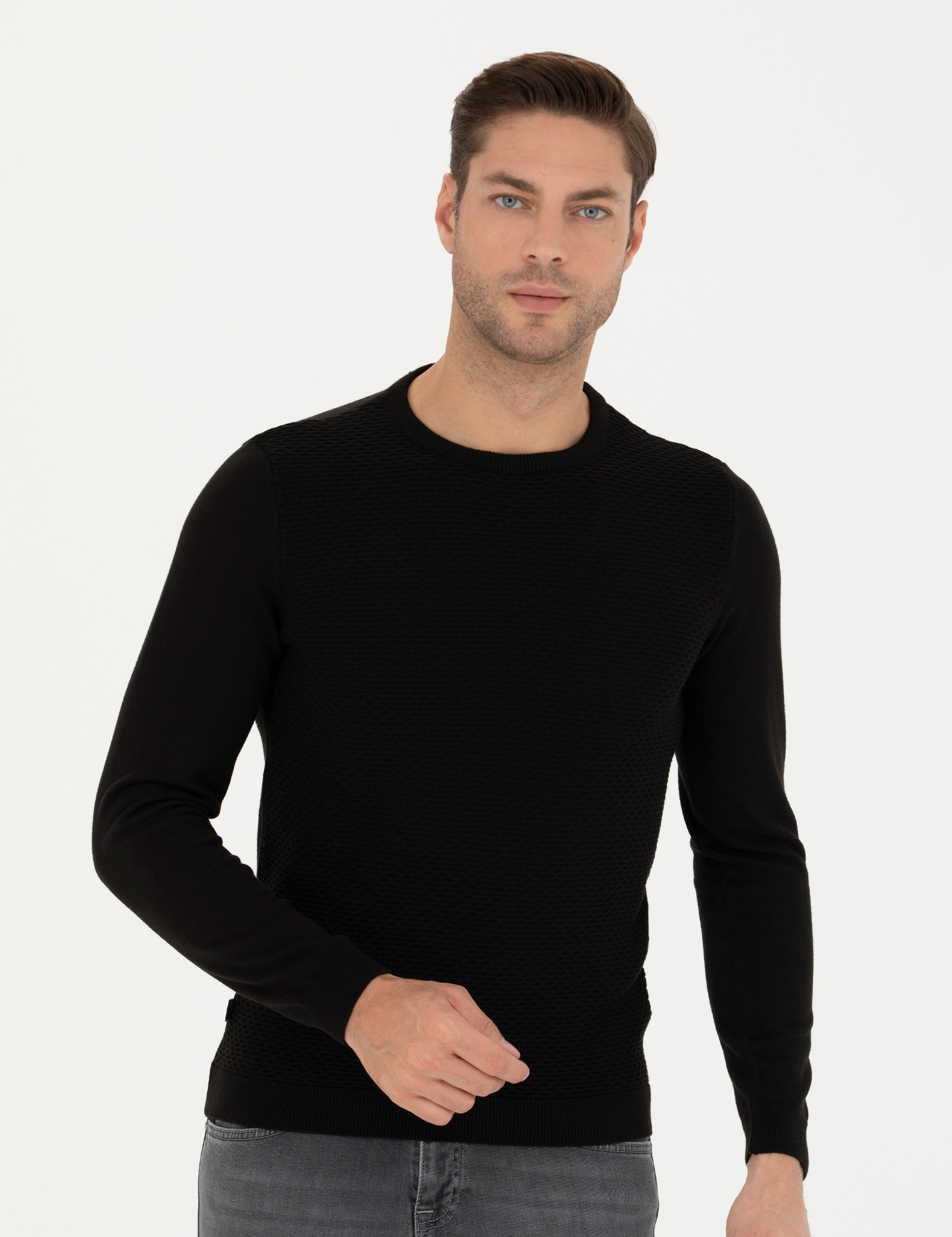Siyah Slim Fit Bisiklet Yaka Triko Kazak - Image 3
