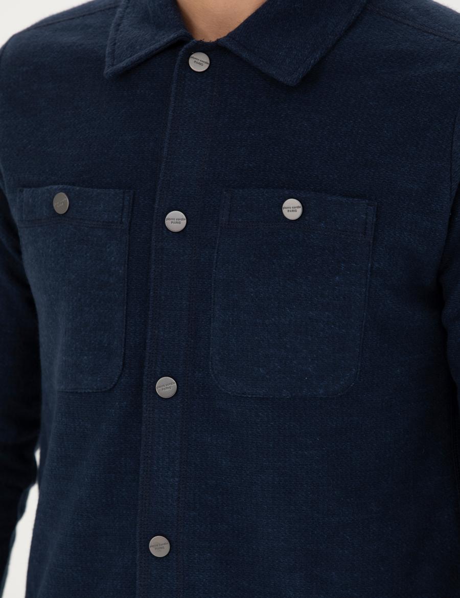 Lacivert Klasik Yaka Çift Cepli Regular Fit Örme Gömlek Ceket