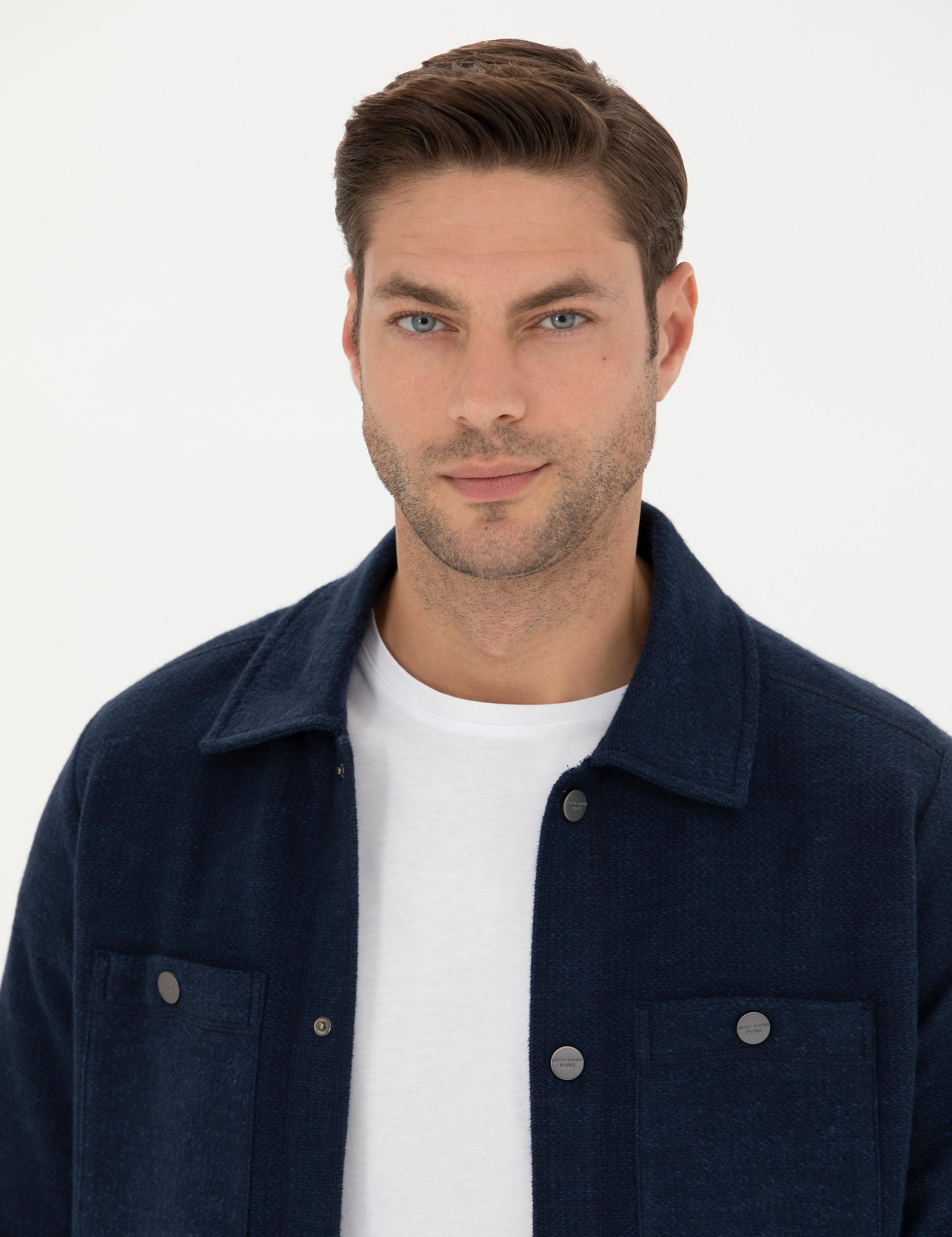 Lacivert Klasik Yaka Çift Cepli Regular Fit Örme Gömlek Ceket