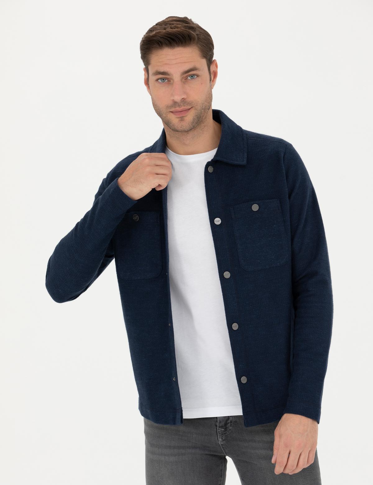 Lacivert Klasik Yaka Çift Cepli Regular Fit Örme Gömlek Ceket - 50280182011
