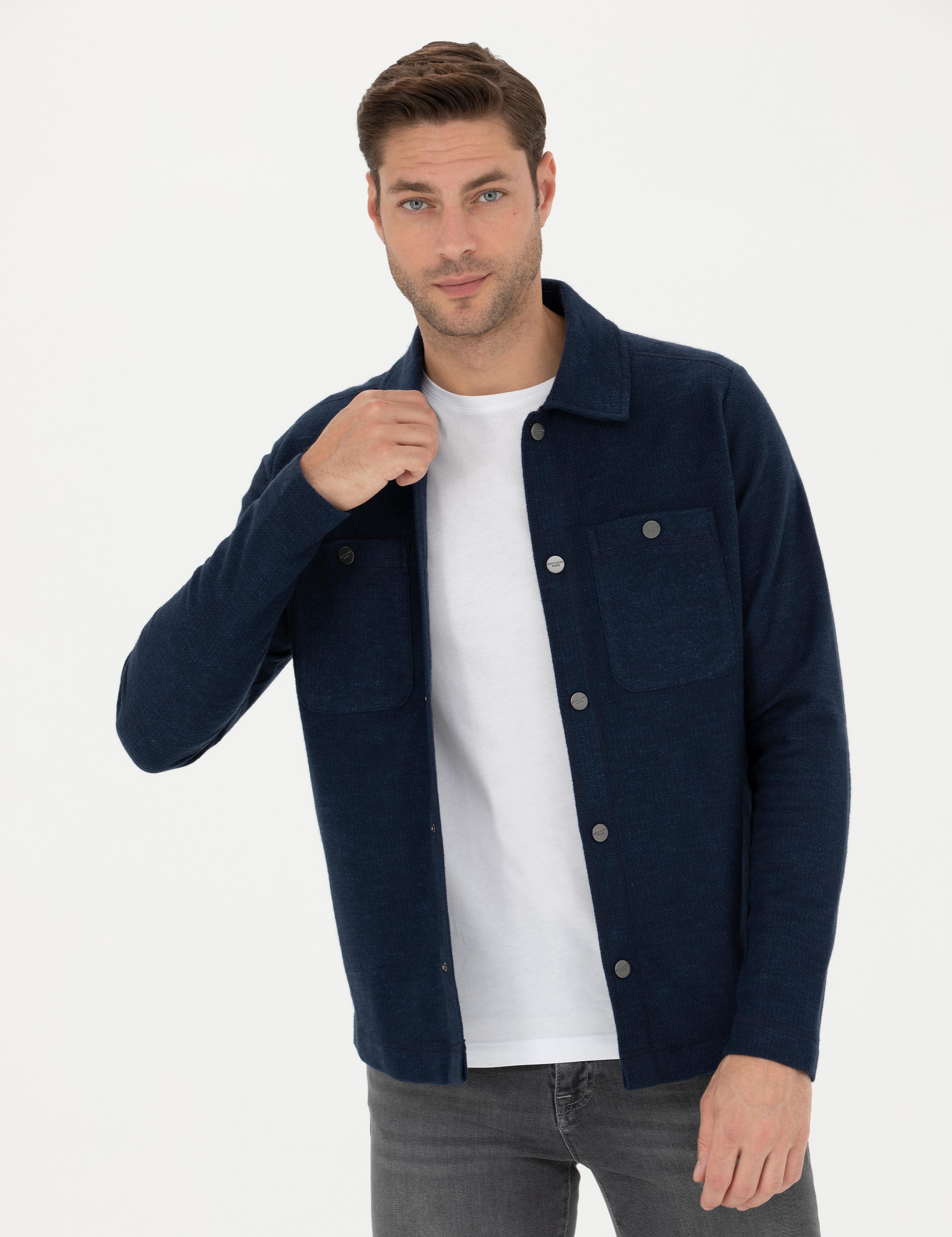 Lacivert Klasik Yaka Çift Cepli Regular Fit Örme Gömlek Ceket