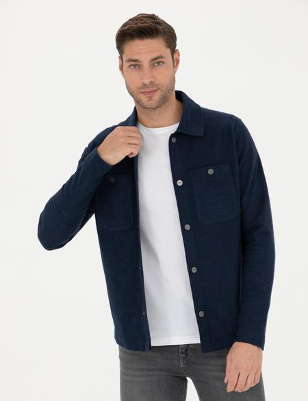 Lacivert Klasik Yaka Çift Cepli Regular Fit Örme Gömlek Ceket - 50280182011