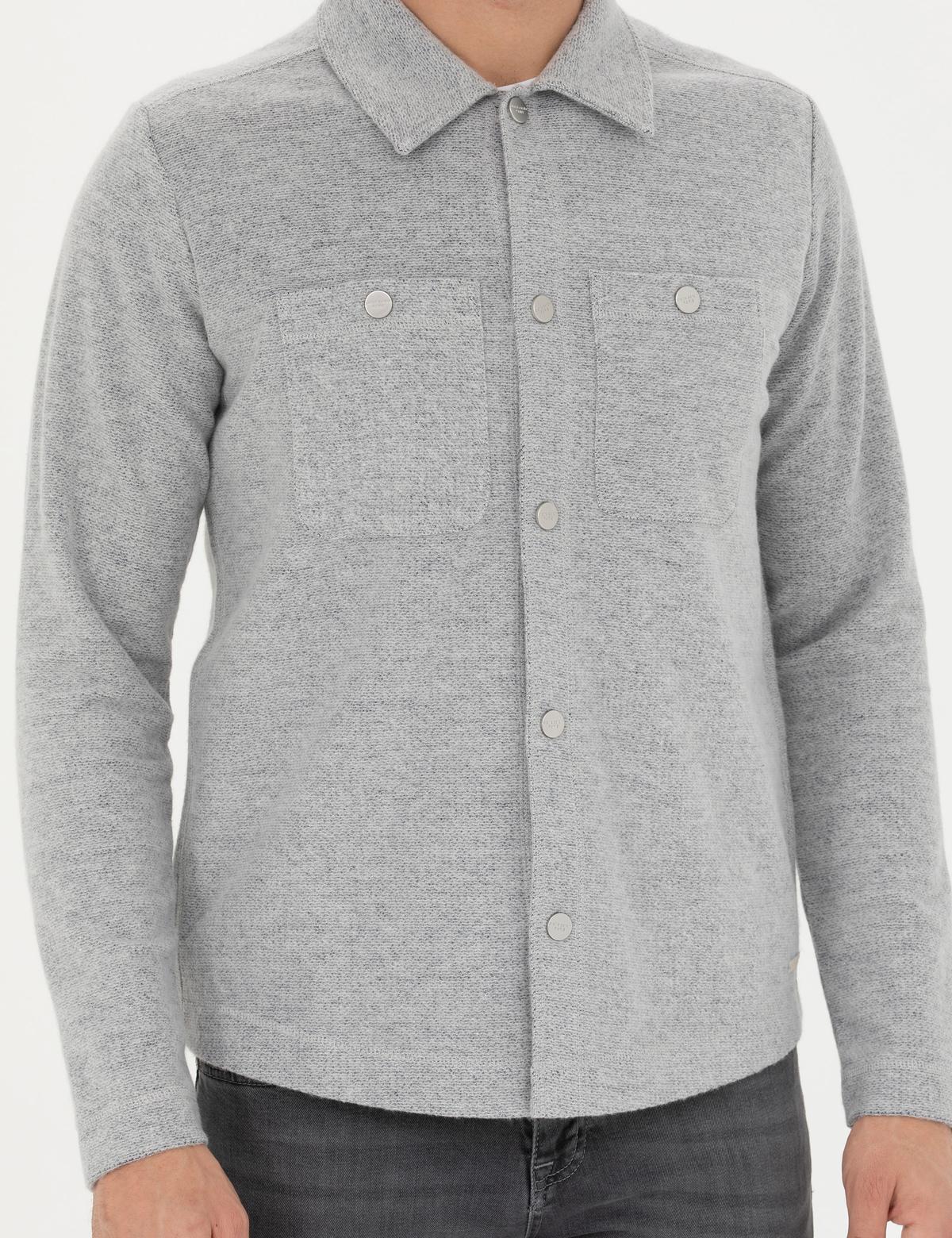 Gri Melanj Klasik Yaka Çift Cepli Regular Fit Örme Gömlek Ceket - 50280182029