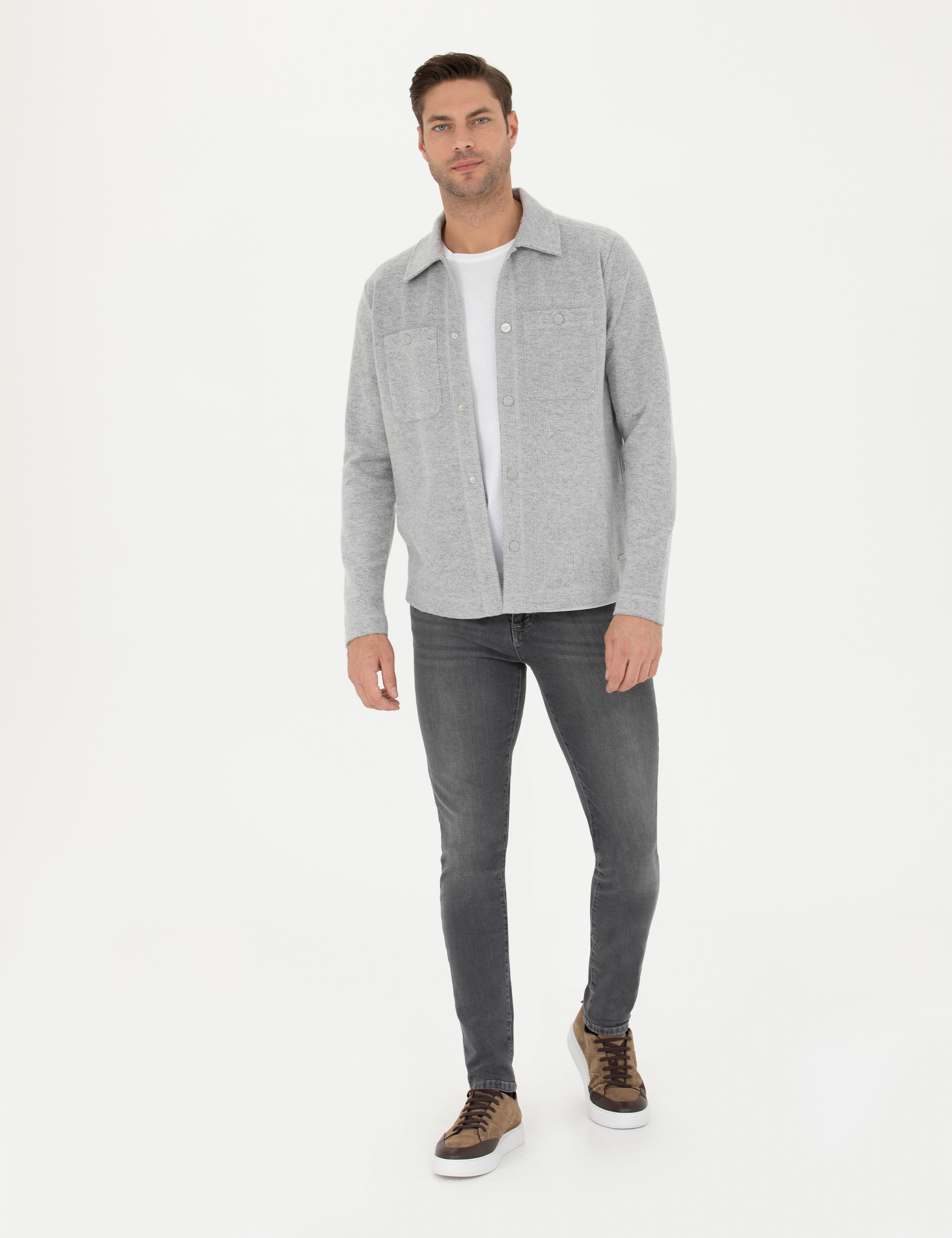 Pierre Cardin Gri Melanj Klasik Yaka Çift Cepli Regular Fit Örme Gömlek Ceket görsel 4