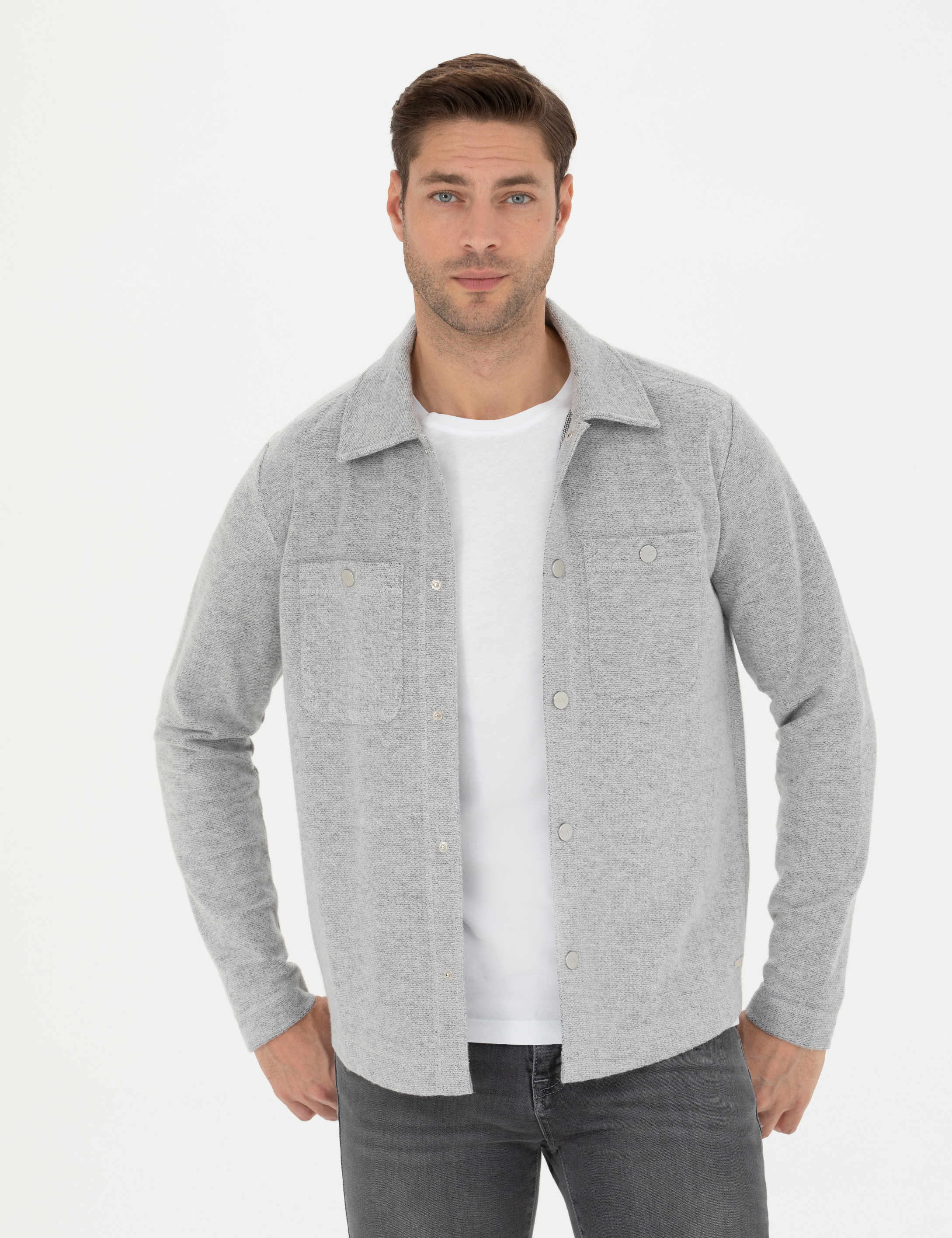 Pierre Cardin Gri Melanj Klasik Yaka Çift Cepli Regular Fit Örme Gömlek Ceket görsel 3