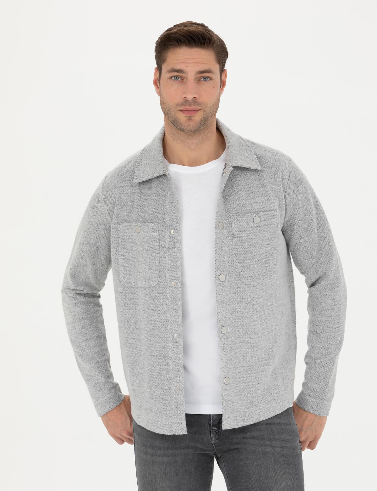 Gri Melanj Klasik Yaka Çift Cepli Regular Fit Örme Gömlek Ceket - 50280182029