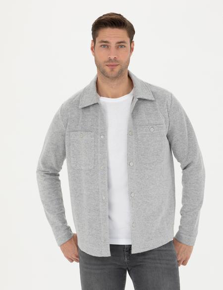 Gri Melanj Klasik Yaka Çift Cepli Regular Fit Örme Gömlek Ceket - 50280182029
