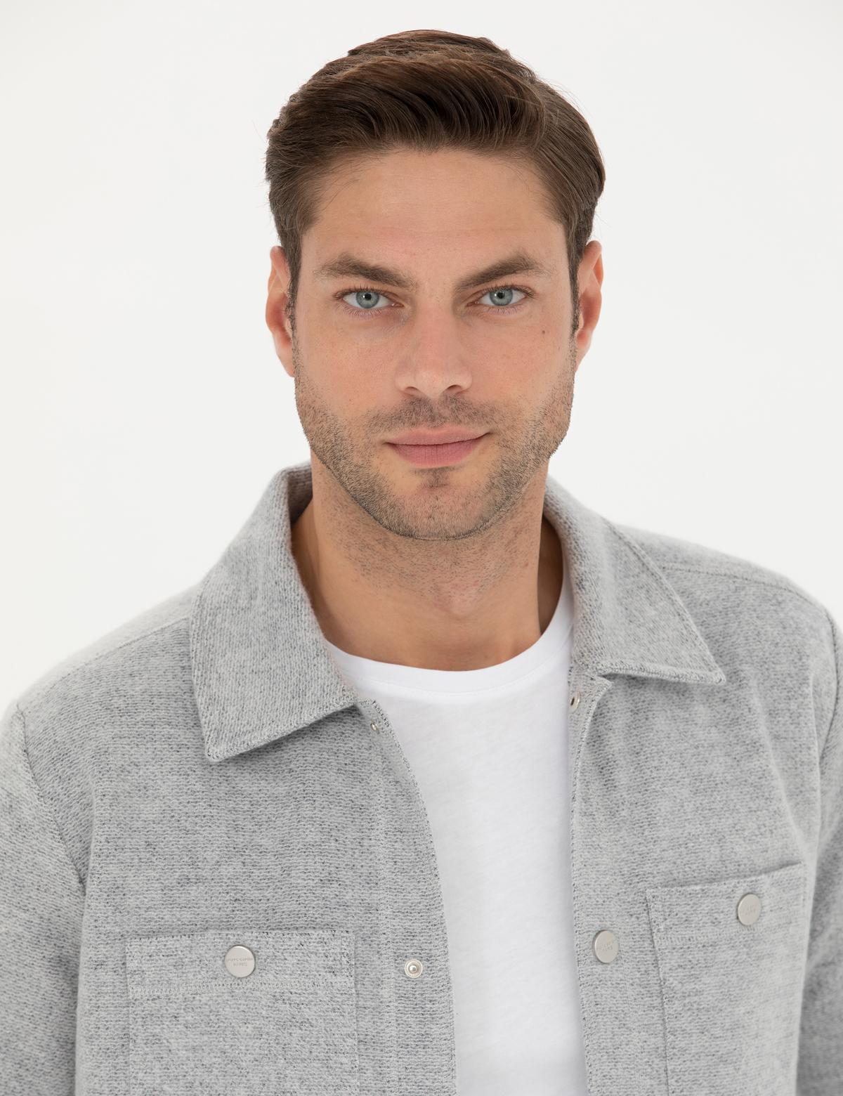 Gri Melanj Klasik Yaka Çift Cepli Regular Fit Örme Gömlek Ceket - 50280182029