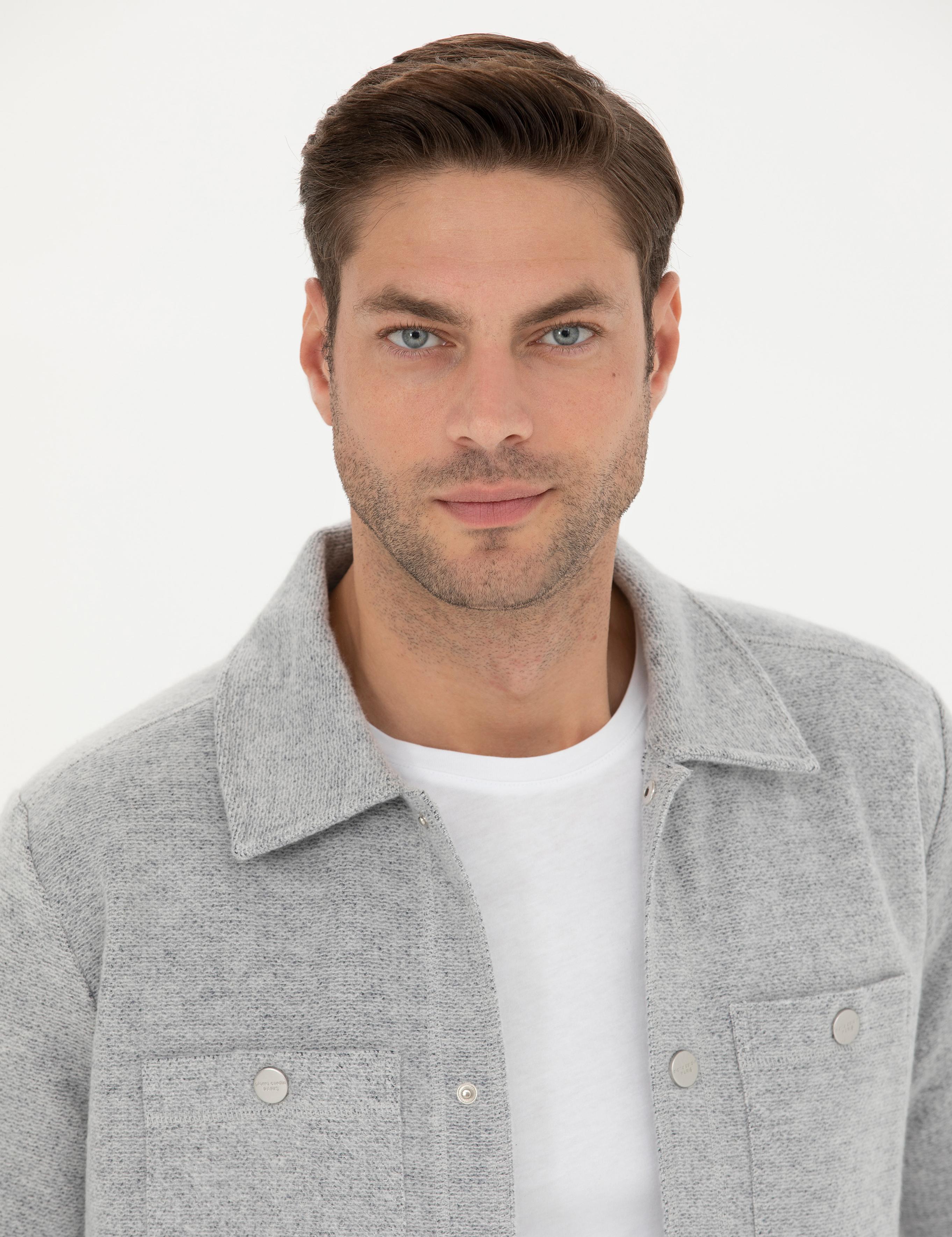 Gri Melanj Klasik Yaka Çift Cepli Regular Fit Örme Gömlek Ceket