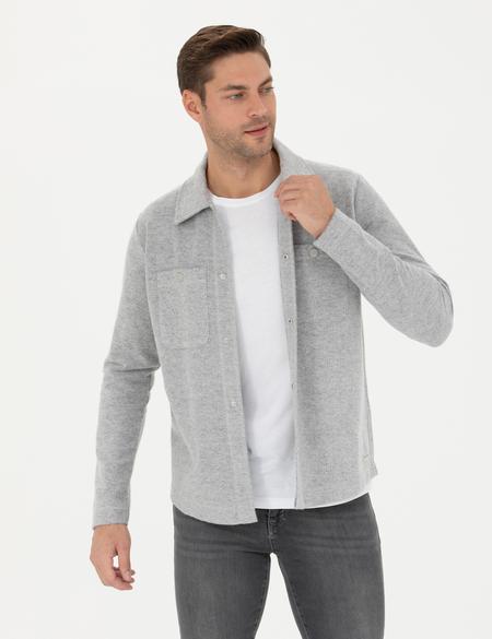 Gri Melanj Klasik Yaka Çift Cepli Regular Fit Örme Gömlek Ceket - 50280182029