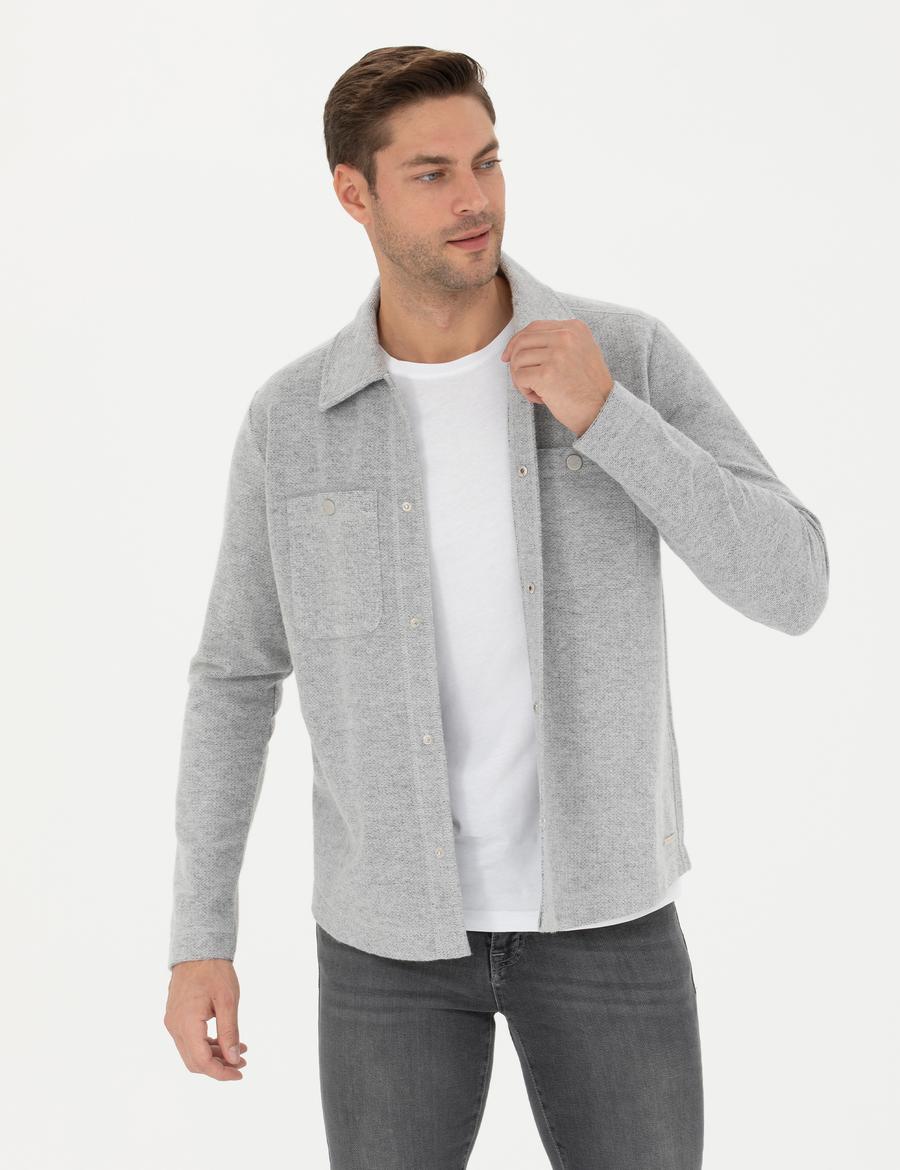 Gri Melanj Klasik Yaka Çift Cepli Regular Fit Örme Gömlek Ceket