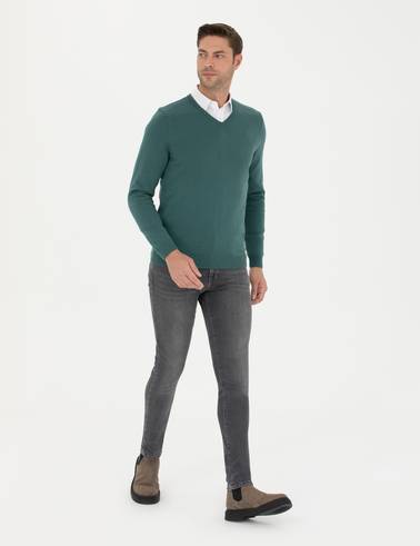 Yeşil Slim Fit V Yaka Basic Triko Kazak