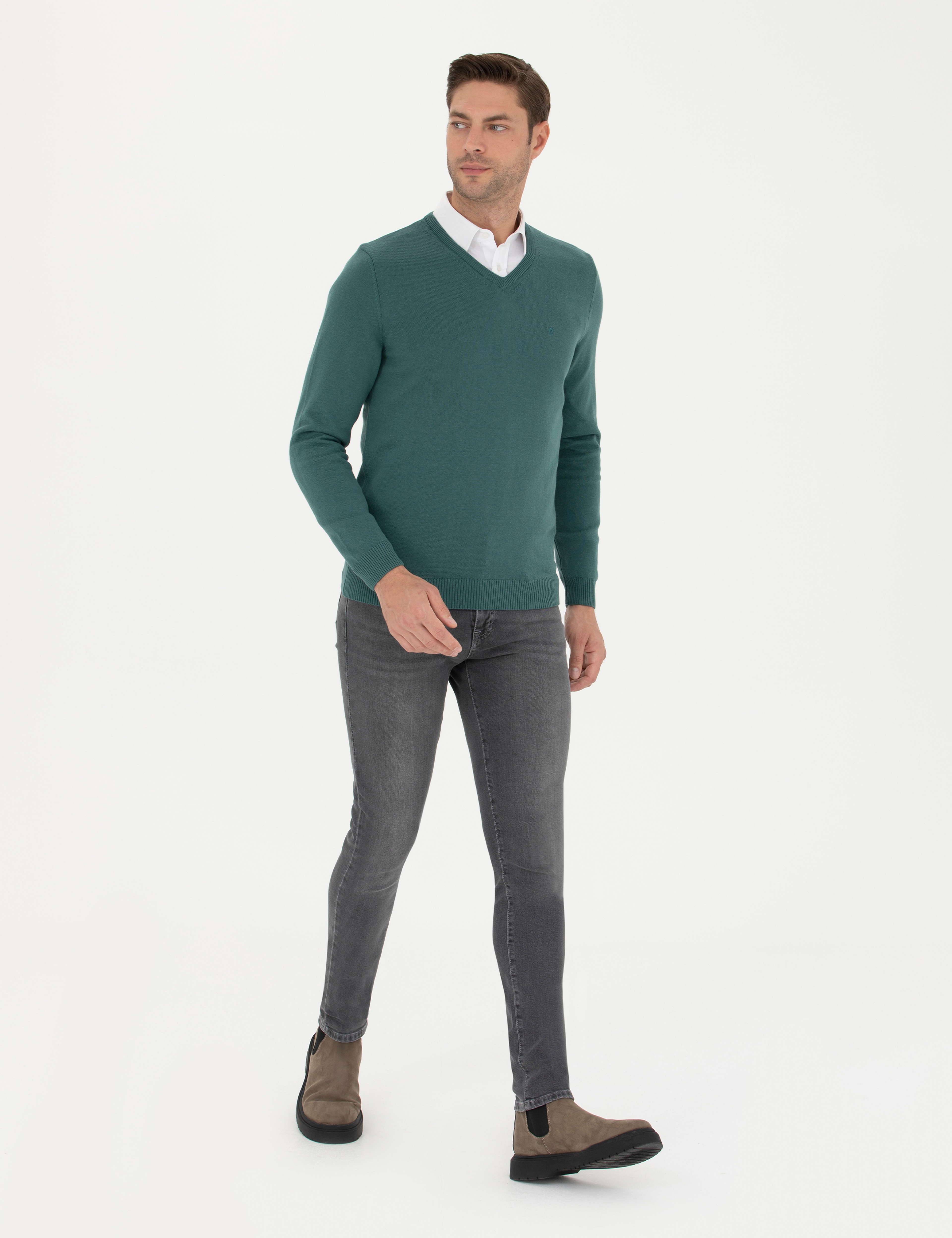Yeşil Slim Fit V Yaka Basic Triko Kazak
