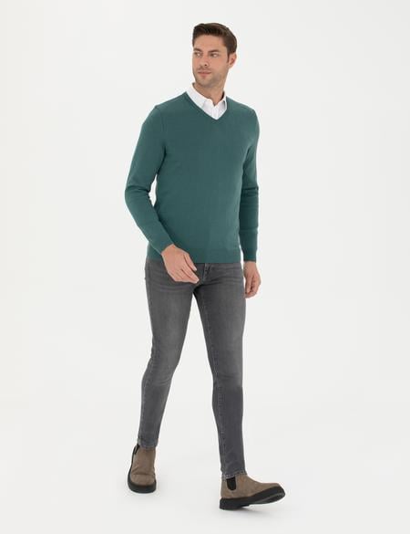 Yeşil Slim Fit V Yaka Basic Triko Kazak - 50276156076