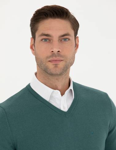 Yeşil Slim Fit V Yaka Basic Triko Kazak