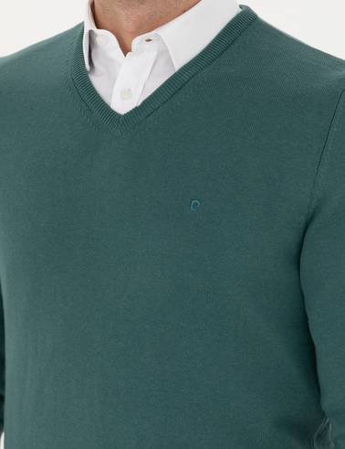 Yeşil Slim Fit V Yaka Basic Triko Kazak