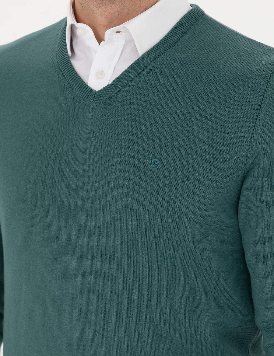 Yeşil Slim Fit V Yaka Basic Triko Kazak